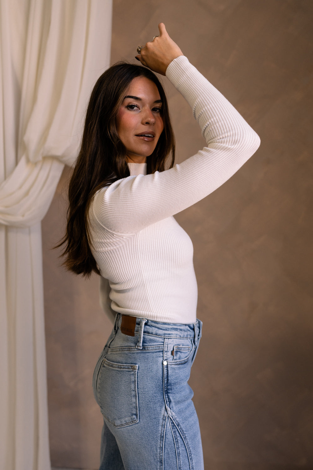 Dani Ribbed Mock Neck Long Sleeve Top - cream - side view