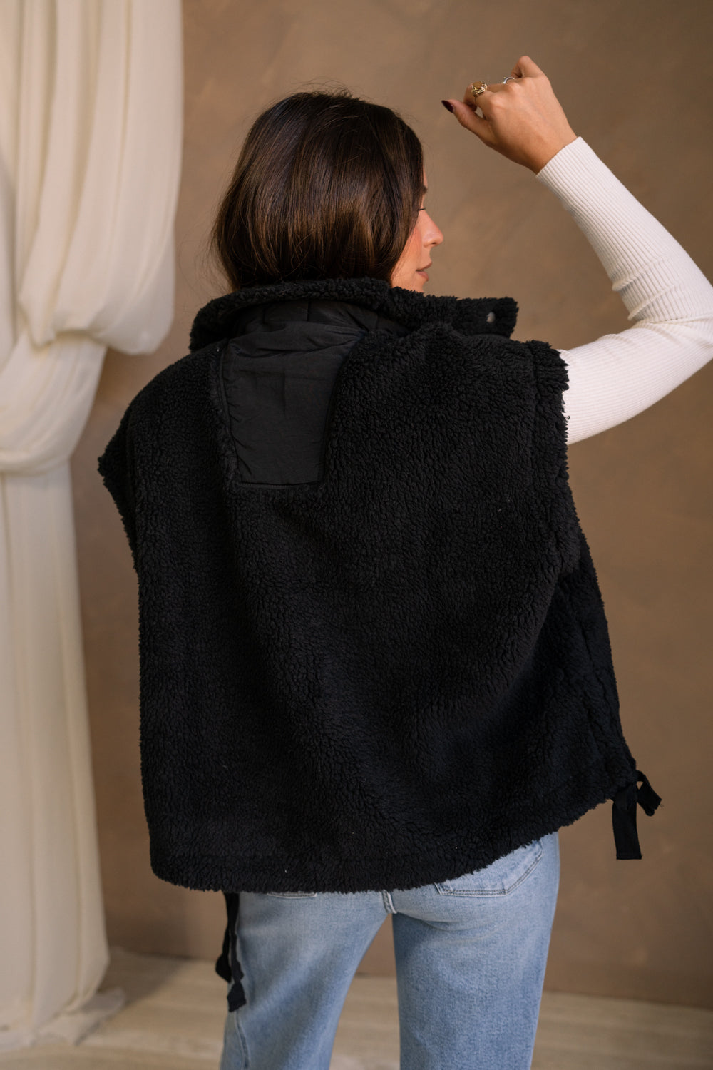 Leland Sherpa Button Snap-Up Vest-black-back view