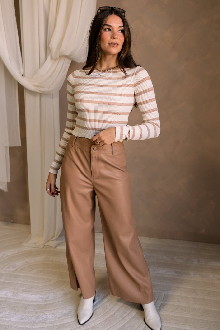 Cheyenne Cream & Taupe Striped Top - full body front view