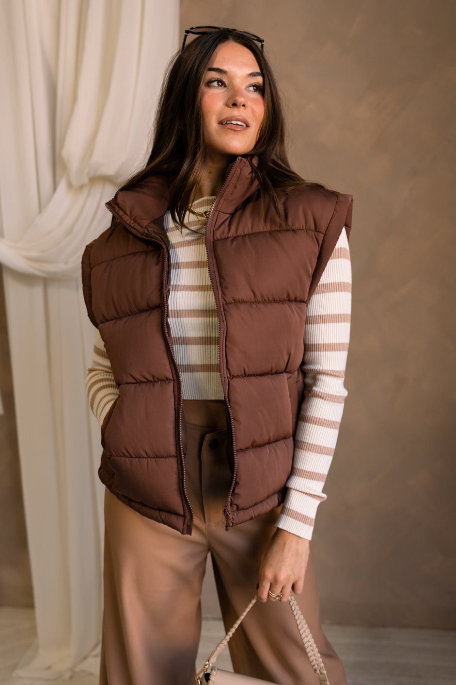 Savannah Brown Puffer Vest - front view