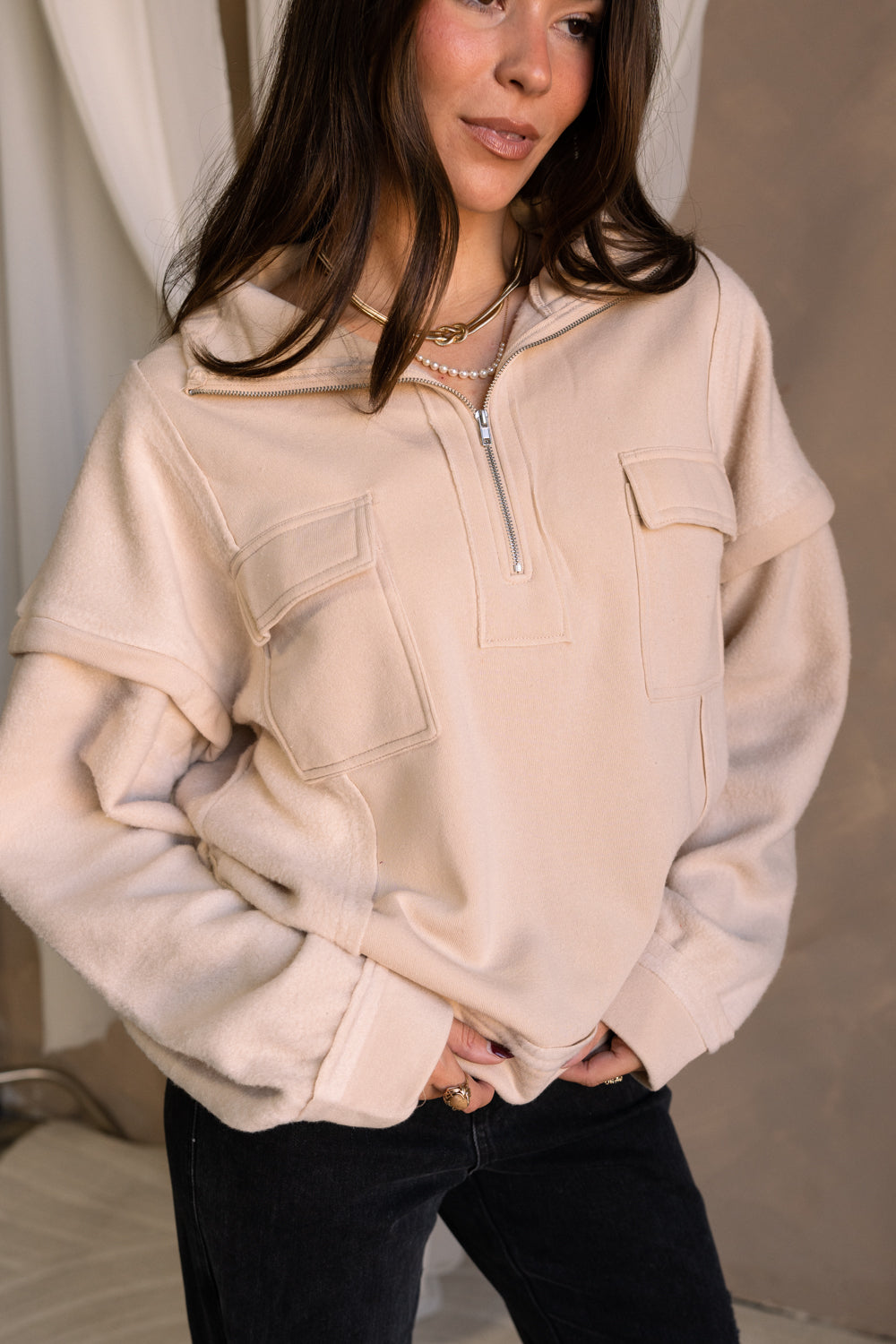 Fiora Cream Quarter Zip-Up Sweatshirt- close up front view