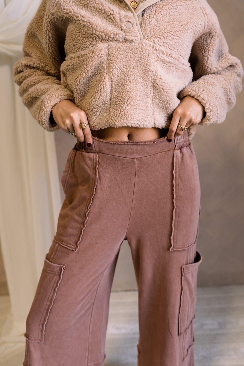 Emma Washed Brown Lounge Cargo Pants-close up front view