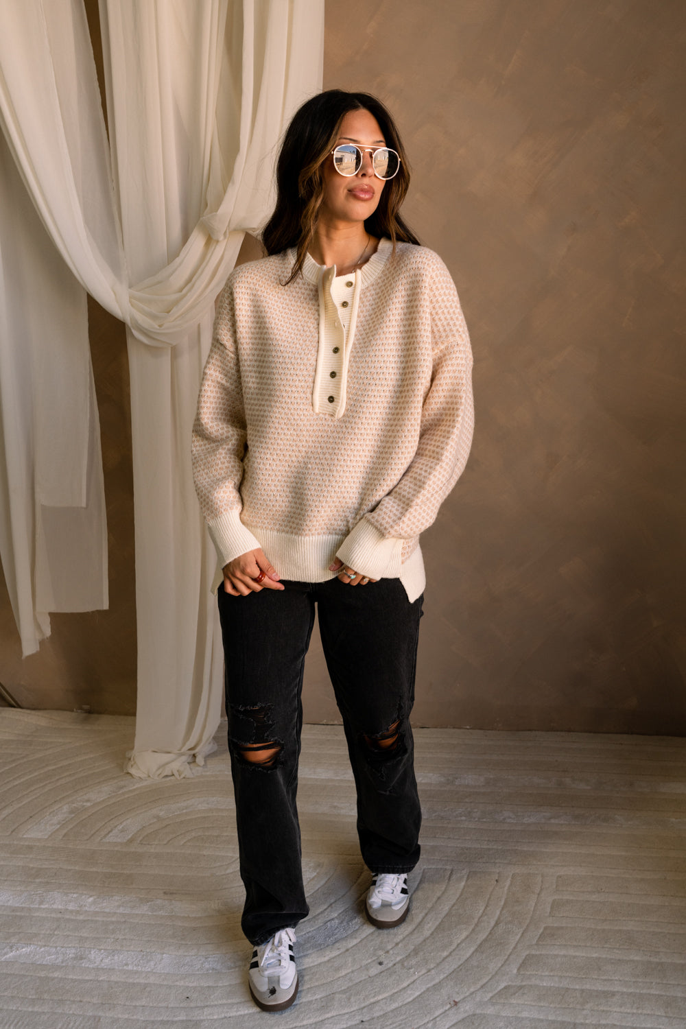 Meredith Cream & Tan Henley Sweater - full body front view