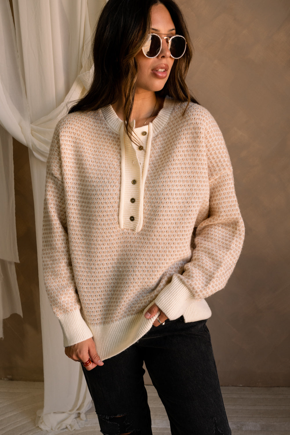 Meredith Cream Tan Henley Sweater Lizard Thicket - Main Image