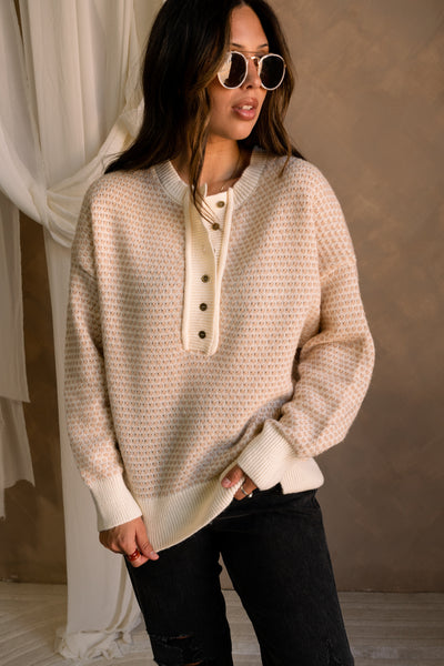 Meredith Cream Tan Henley Sweater Lizard Thicket