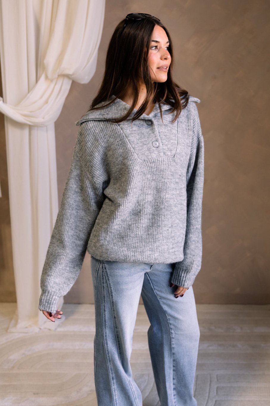 Shyla Grey Knit Quarter Button-Up Sweater- frontal side view