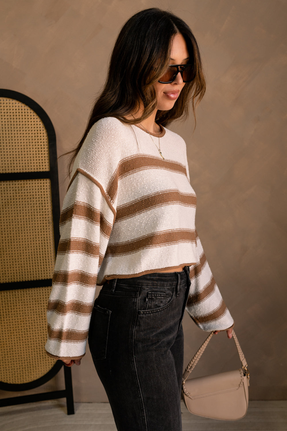 Elyse Cream & Brown Stripe Cropped Sweater- frontal side view