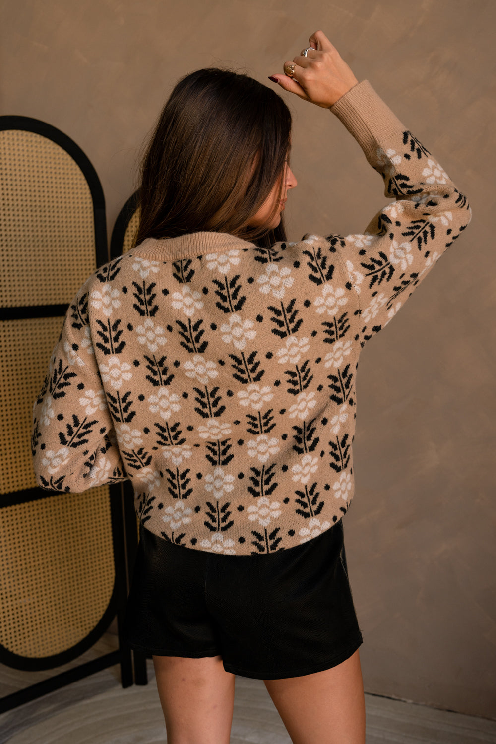 Thea Taupe Multi Floral Knit Sweater- close up back view