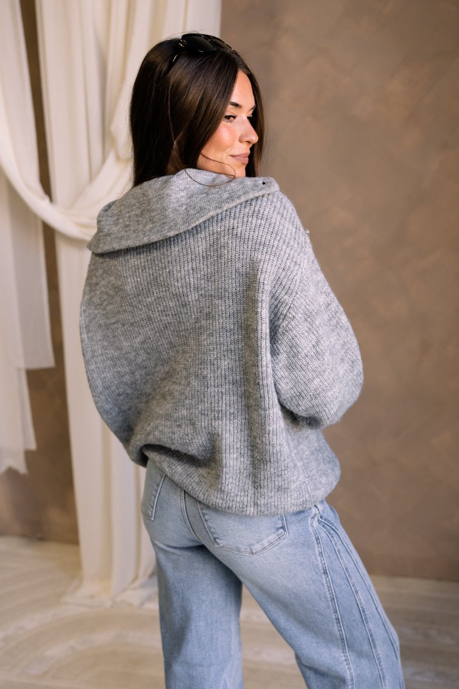 Shyla Grey Knit Quarter Button-Up Sweater-back view