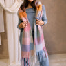 Maren Plaid Fringe Scarf - Pink - Draped front view on model