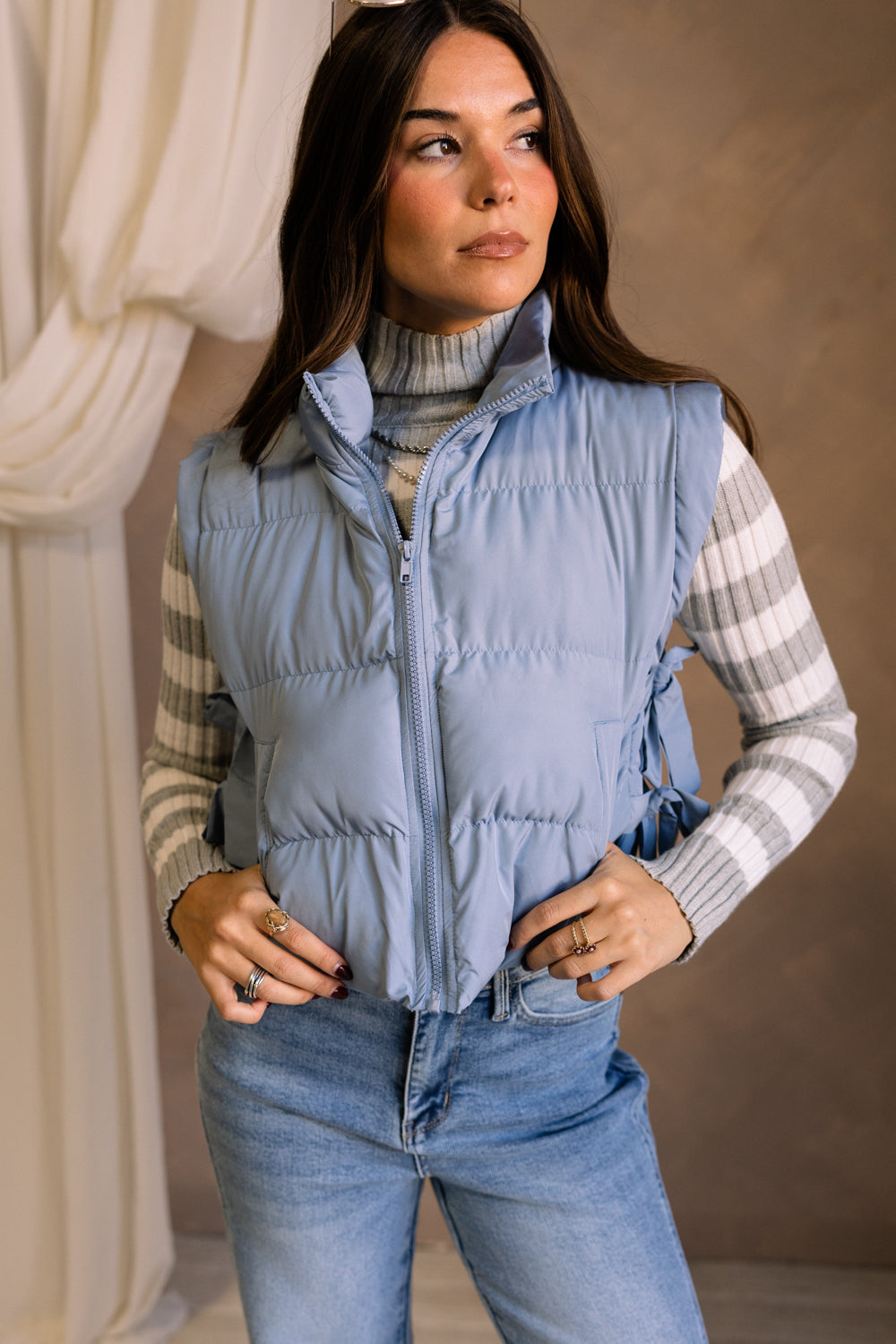 Nadia Baby Blue Puffer Vest - front view - zipped