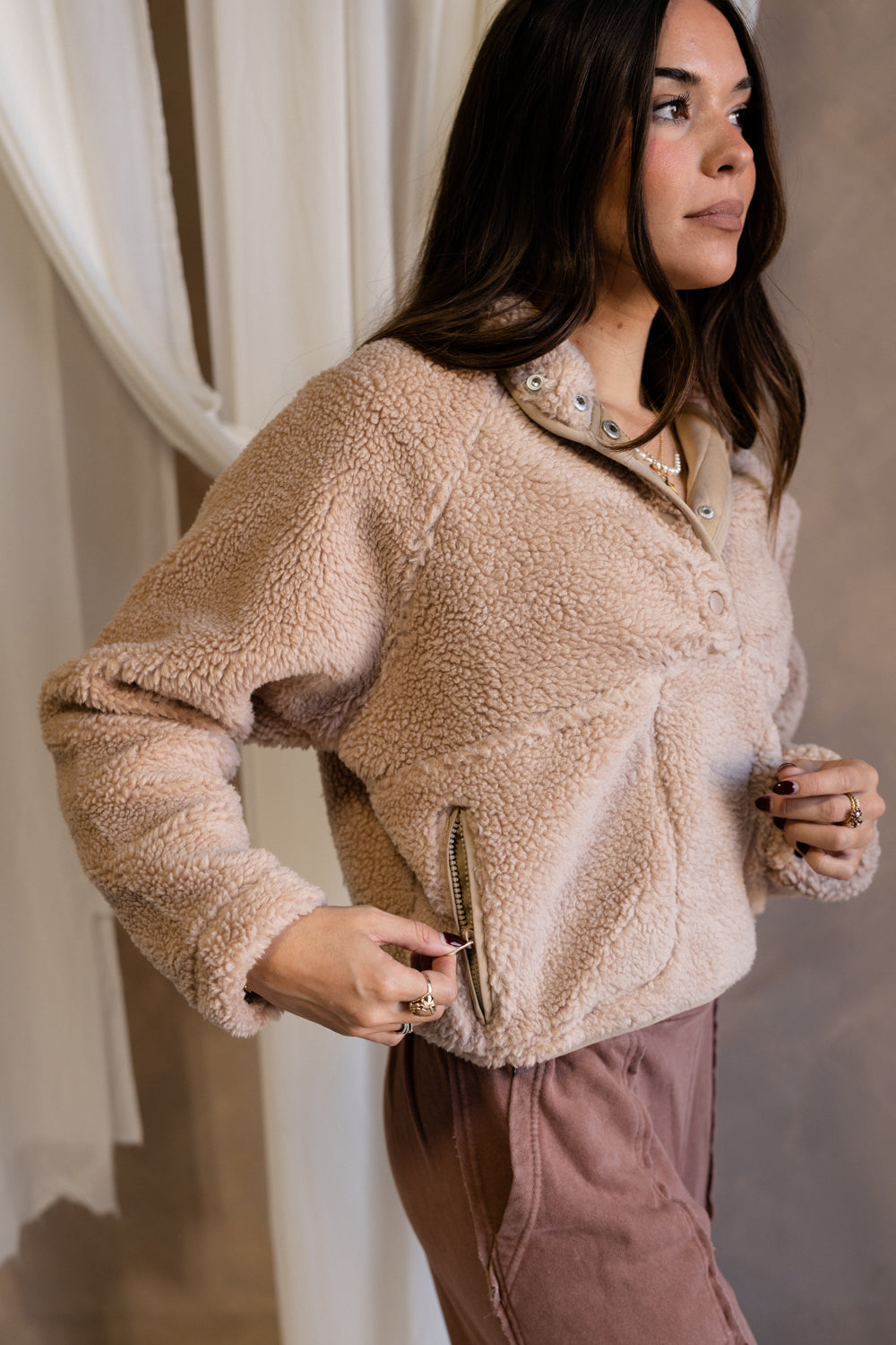 Rhea Beige Sherpa Pullover - close up frontal side view