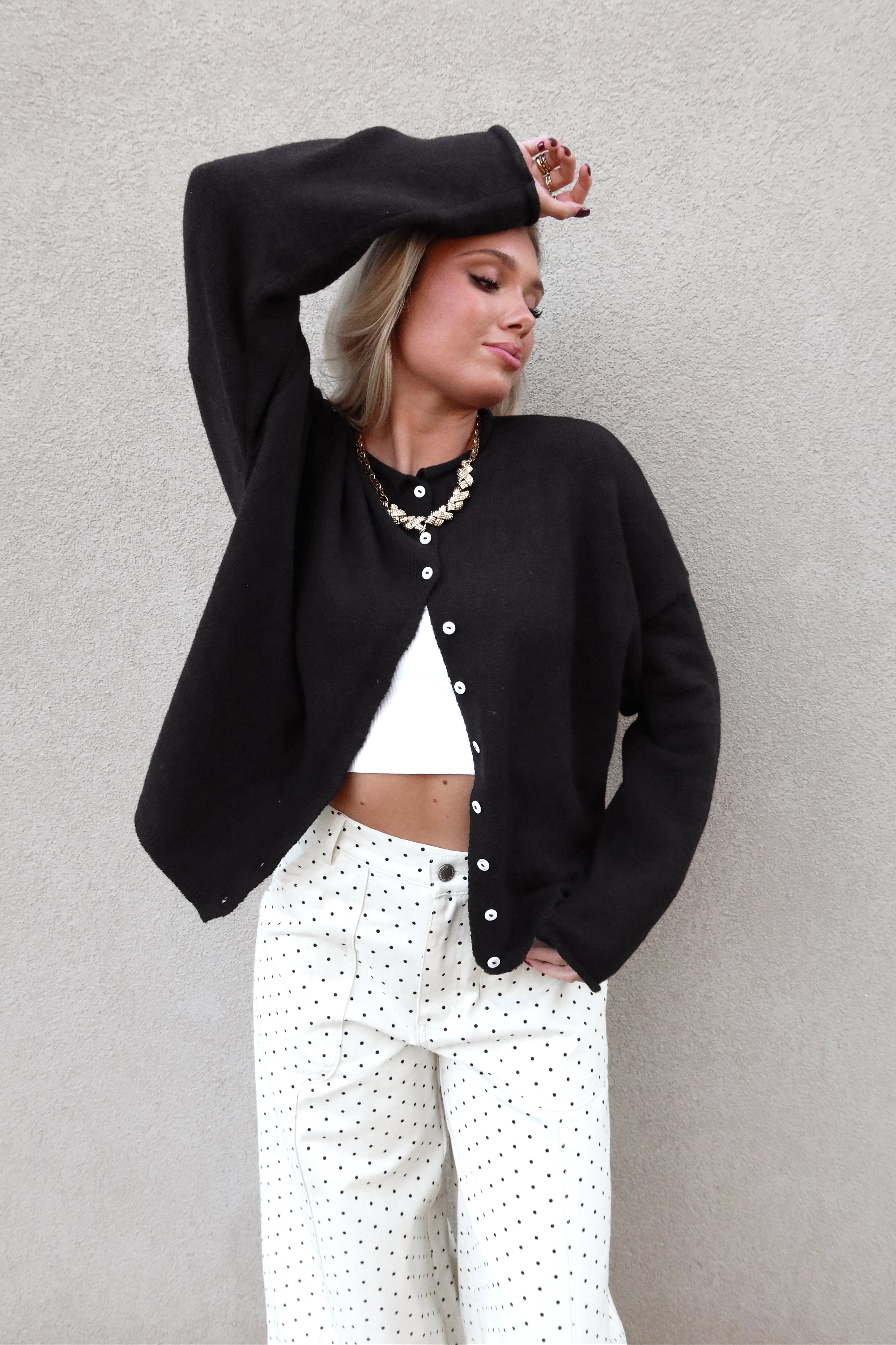 Rowyn Navy Button-Up Knit Cardigan - front view unbuttoned