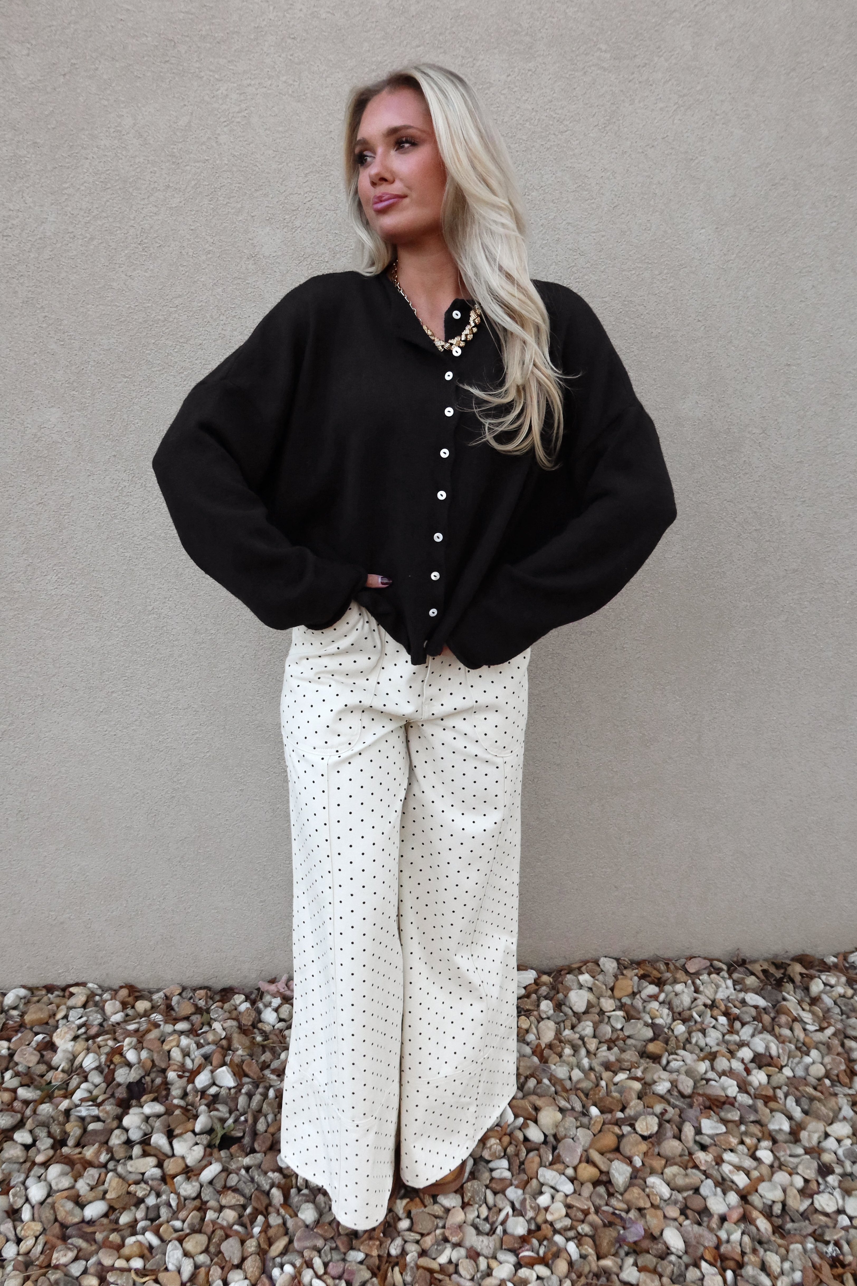 Rowyn Navy Button-Up Knit Cardigan - full body front (buttoned)