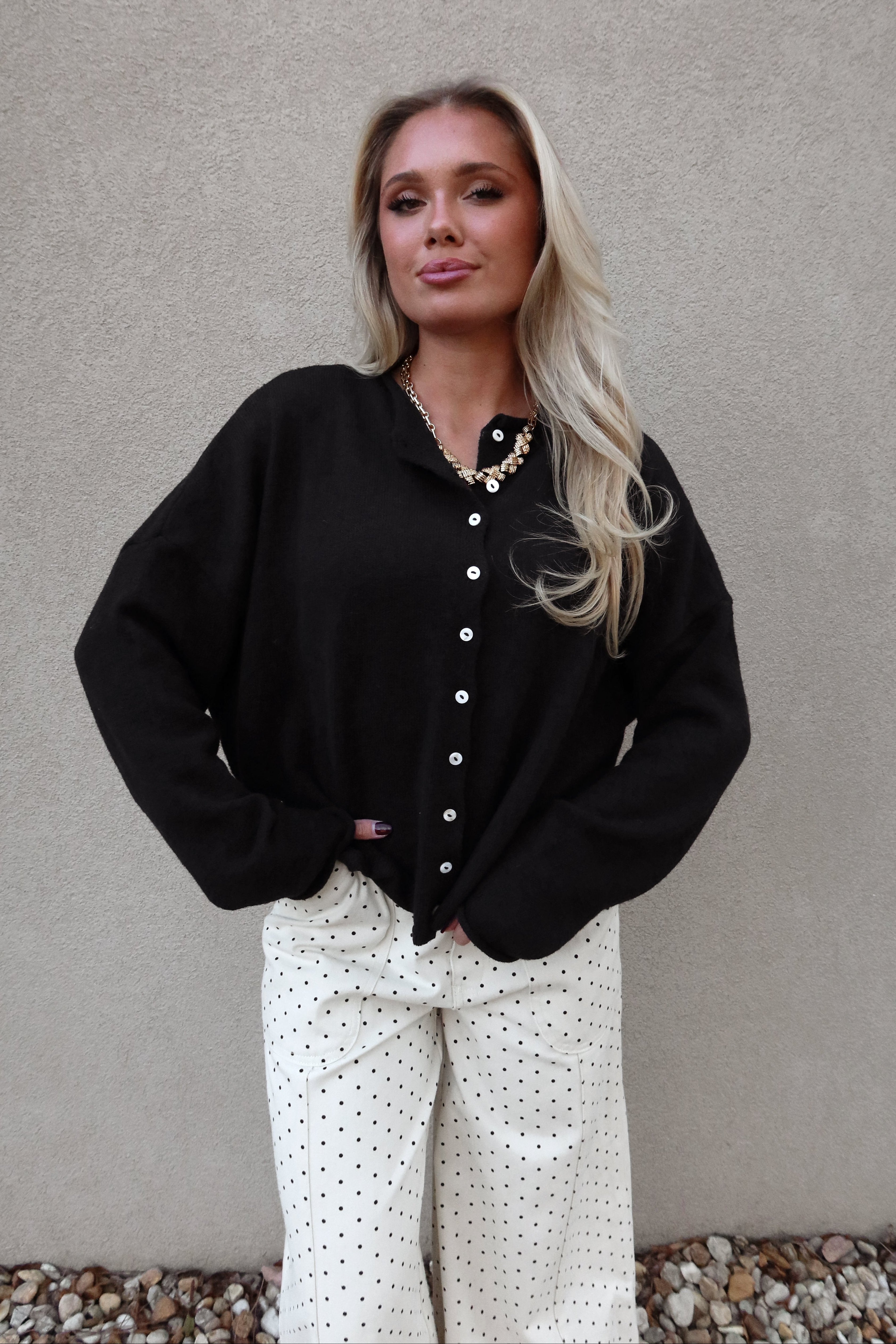 Rowyn Navy Button-Up Knit Cardigan - front view buttoned