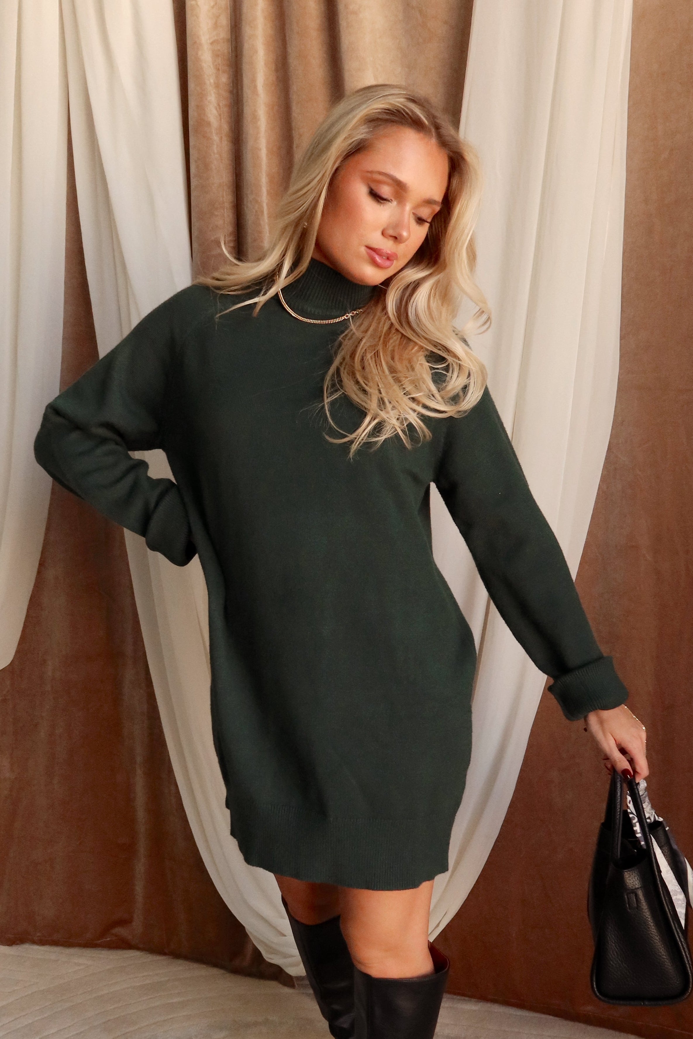 Breanna Green Mock Neck Sweater Dress - close front view