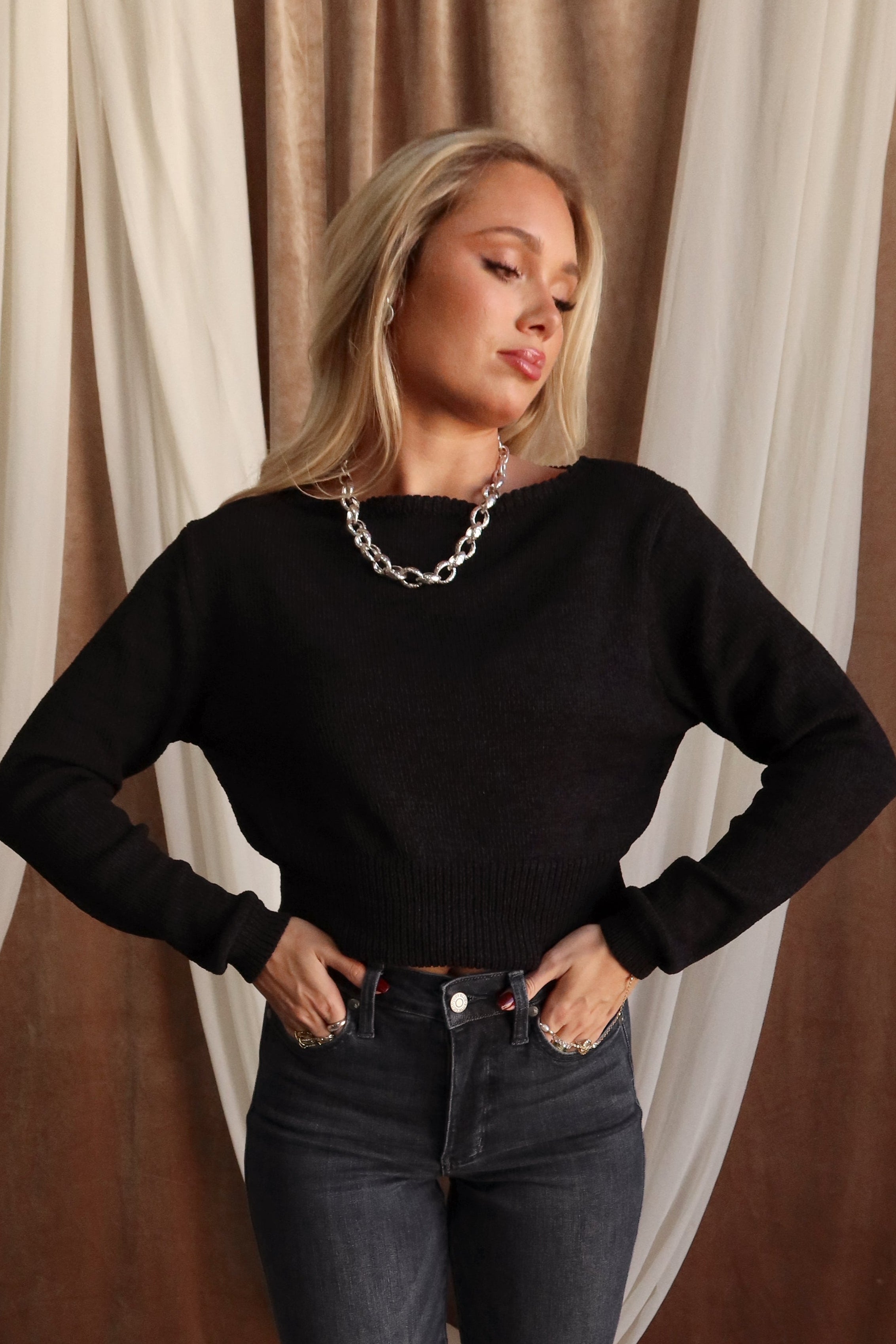 Leena Black Long Sleeve Sweater - close front view