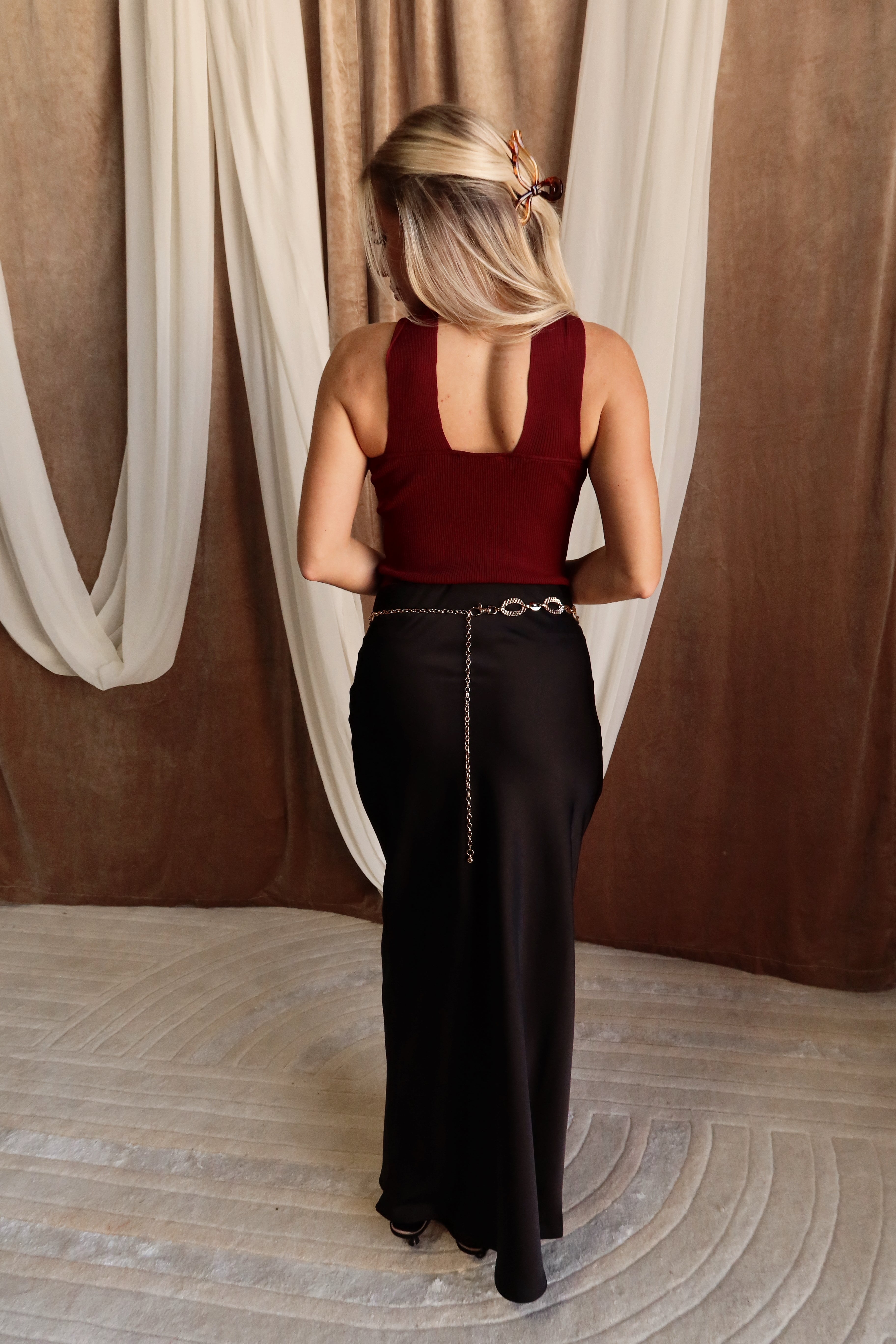 Blaire Burgundy & Gold Criss-Cross Tank- full body back view