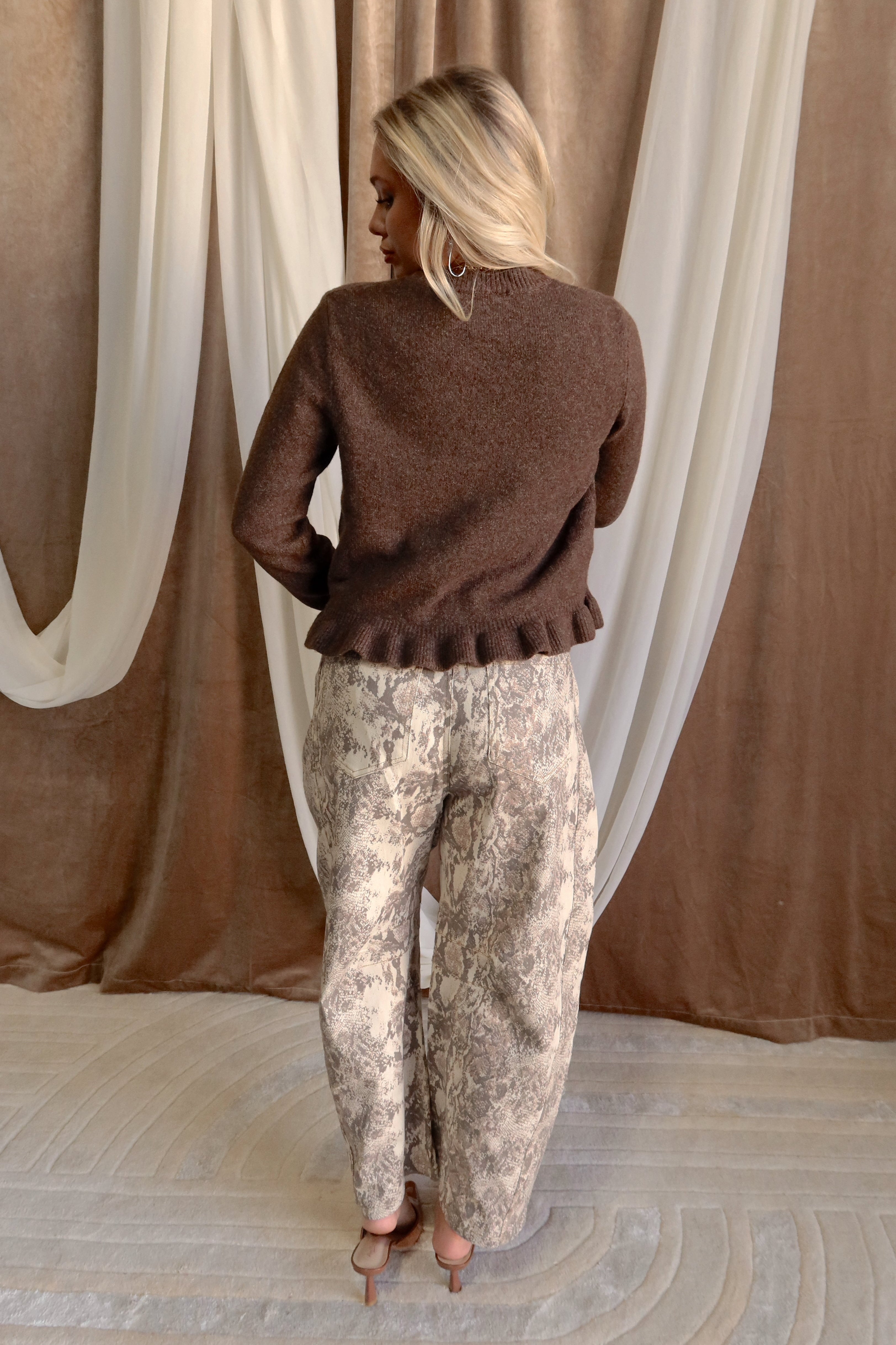 Julietta Brown Knit Ruffle Cardigan- full back view