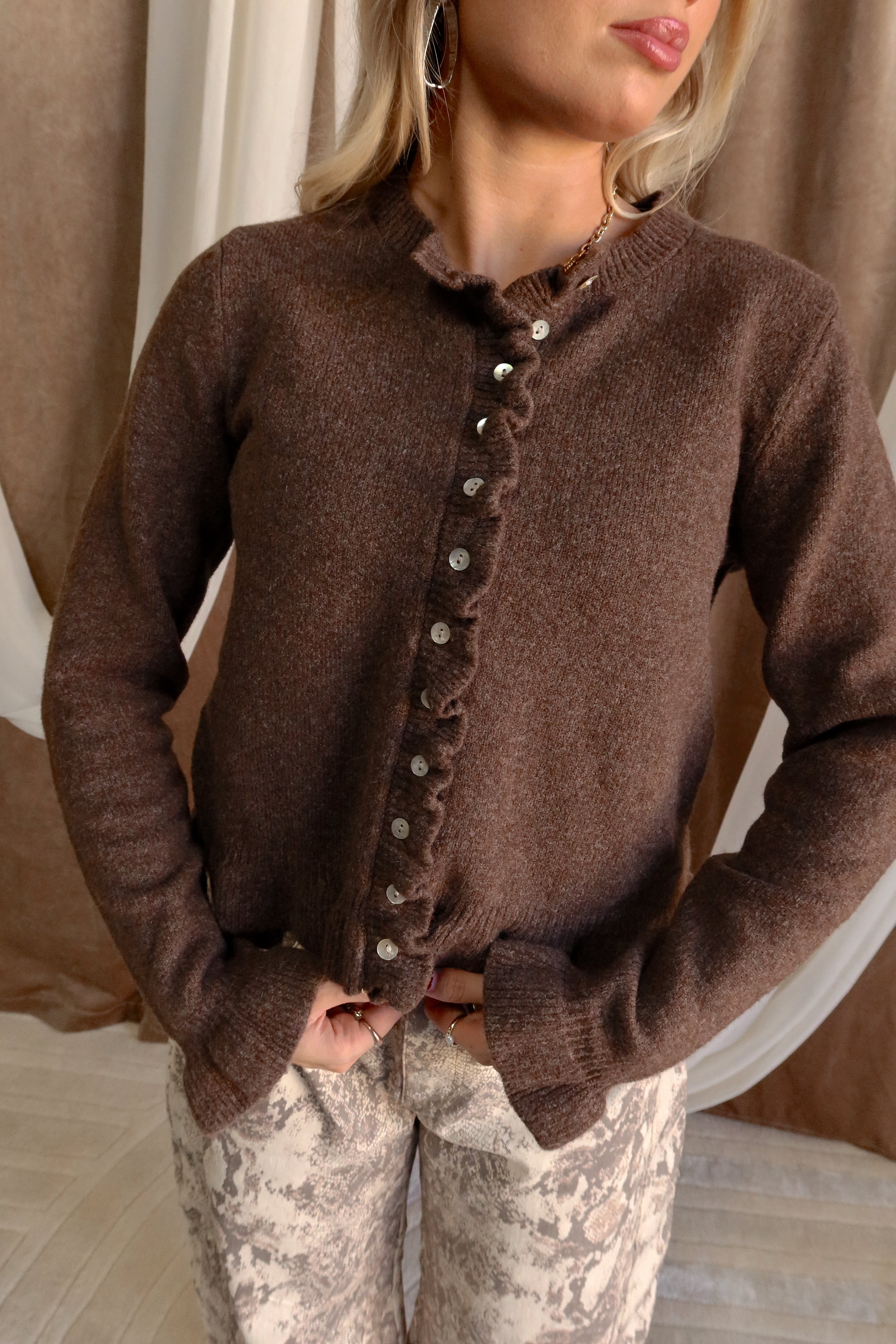 Julietta Brown Knit Ruffle Cardigan- front view
