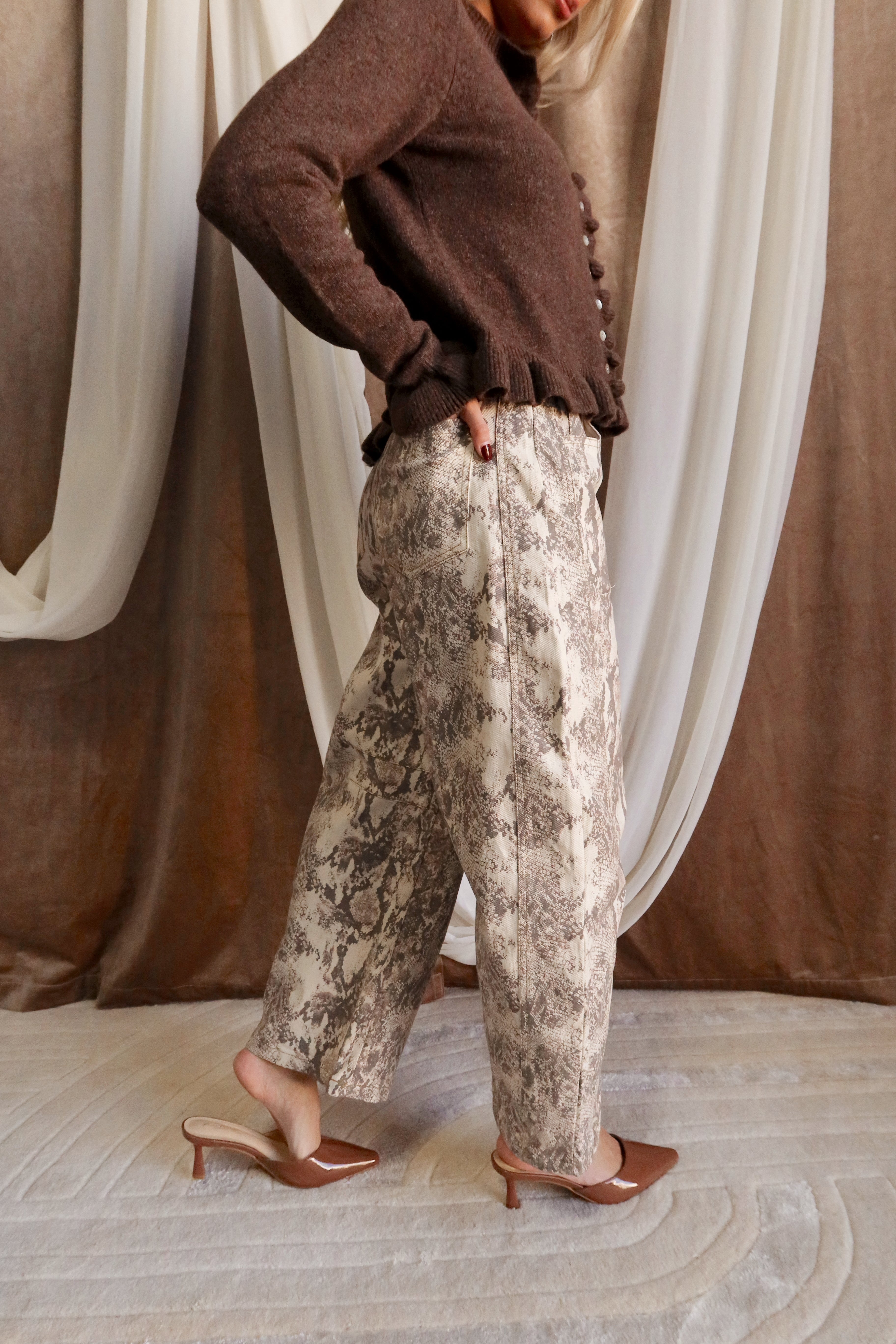 Elani Beige Snake Barrel Leg Jeans- frontal side close up view