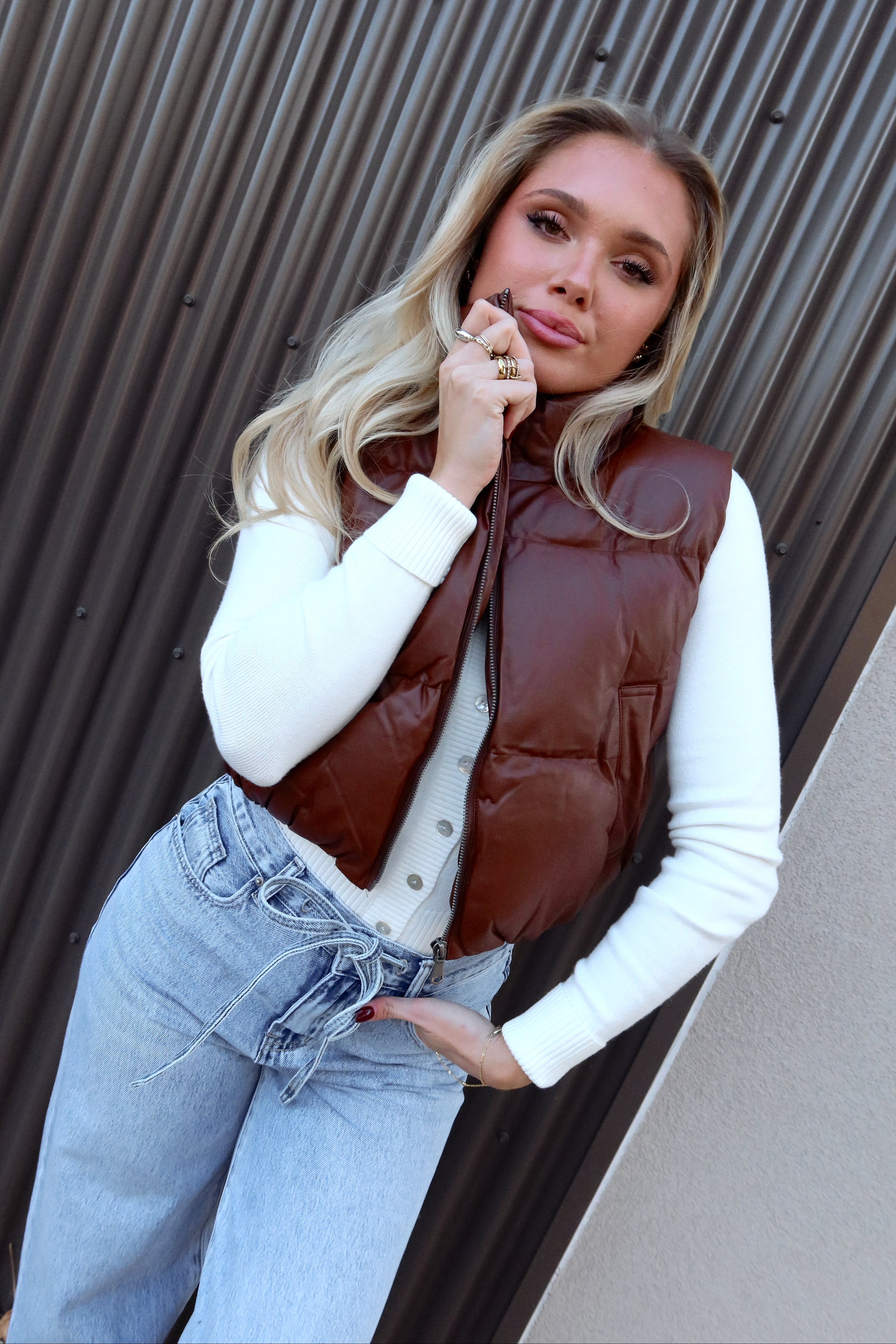 Chantel Brown Faux-Leather Puffer Vest - front view
