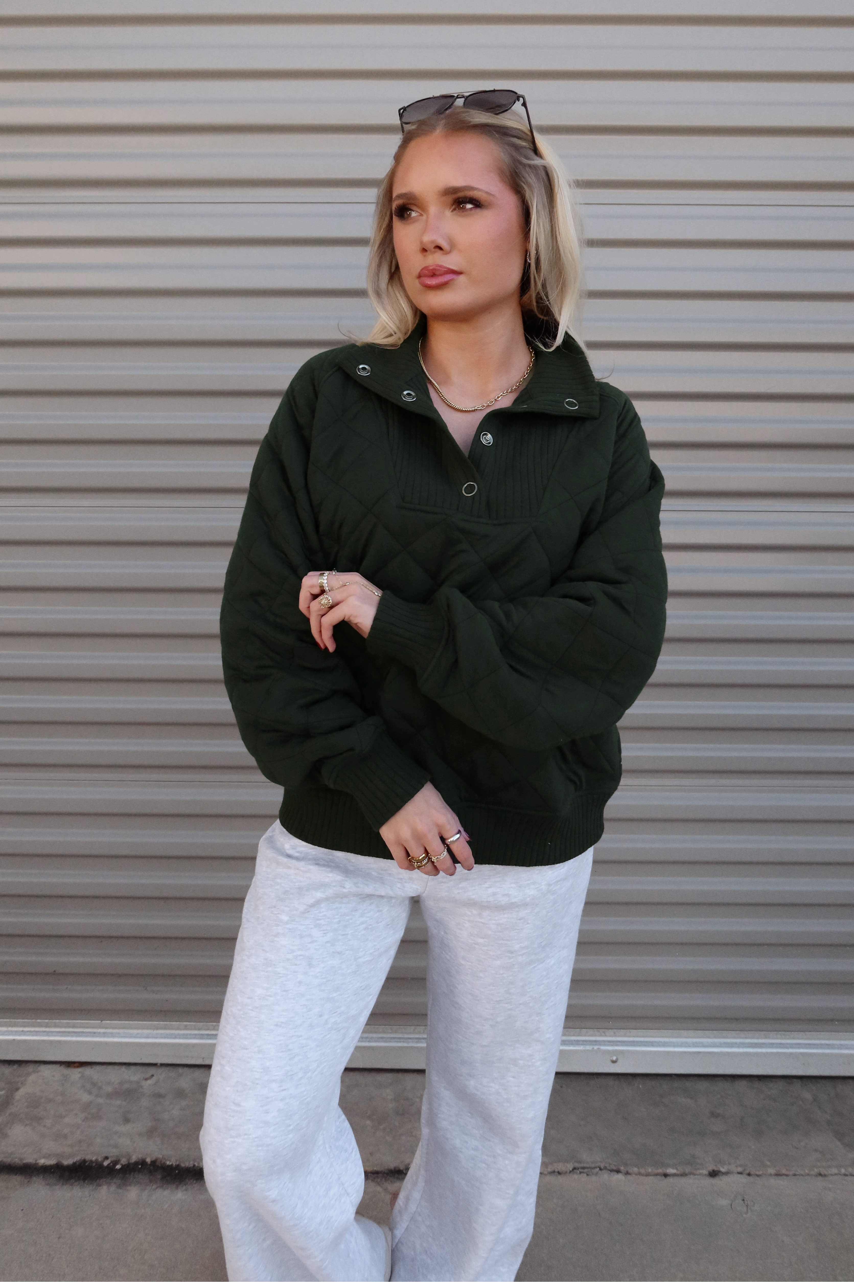 Lena Hunter Green Quarter Button-Up Sweatshirt- front view