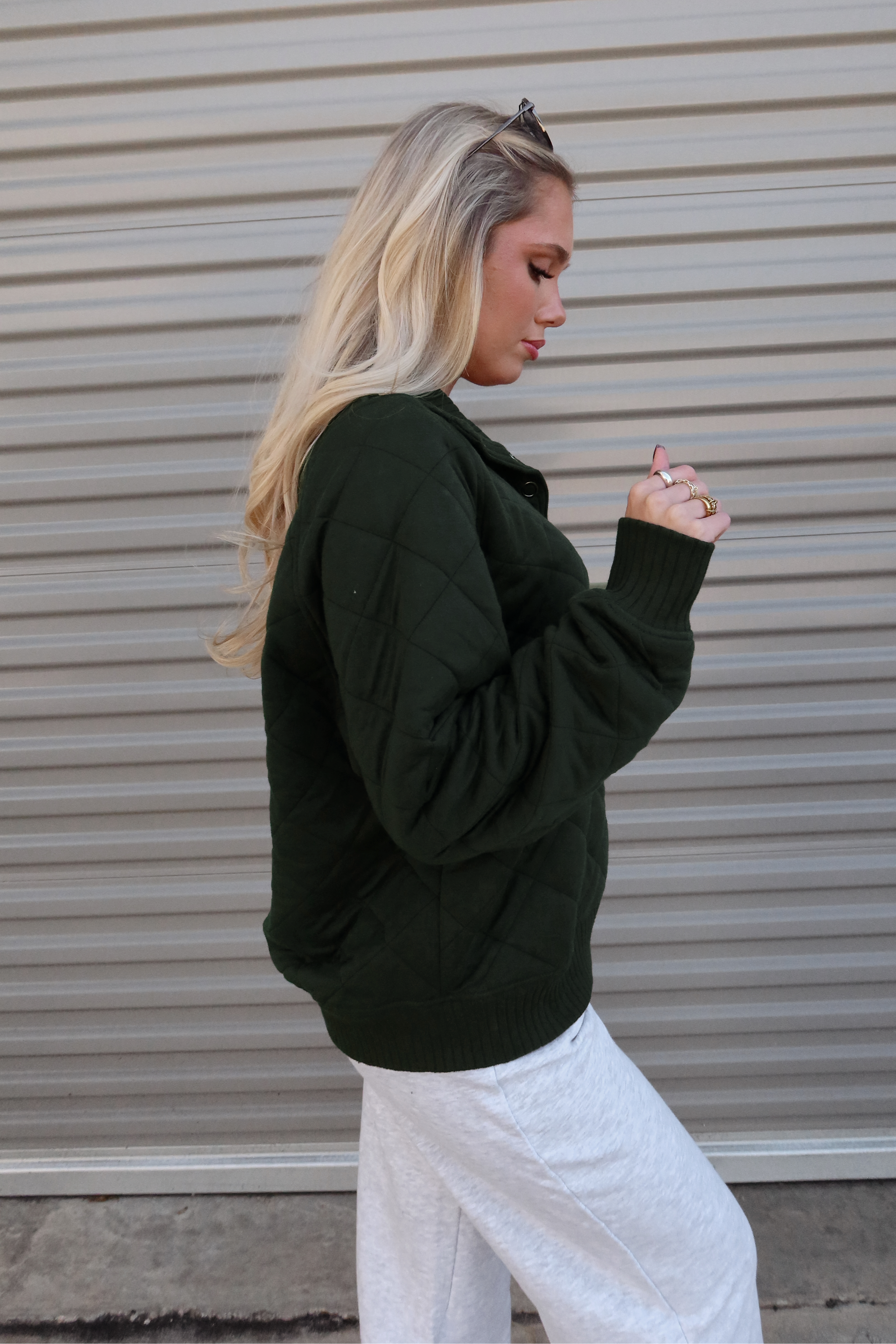 Lena Hunter Green Quarter Button-Up Sweatshirt- close up side view