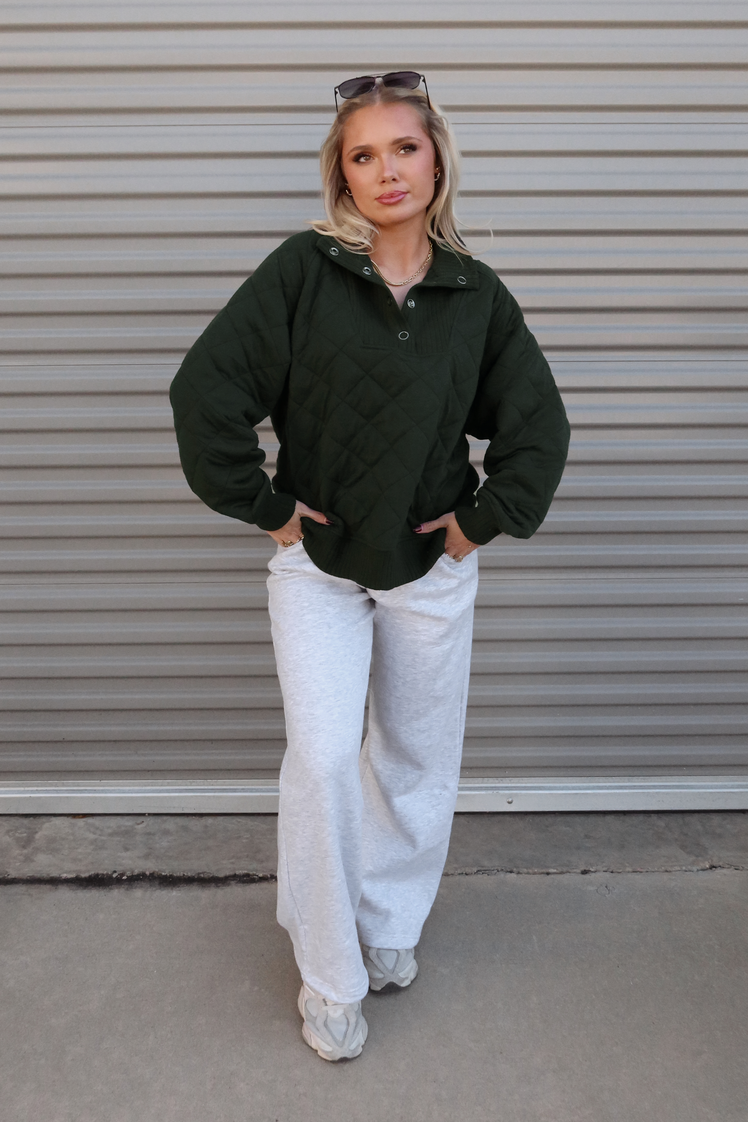 Lena Hunter Green Quarter Button-Up Sweatshirt- full body view