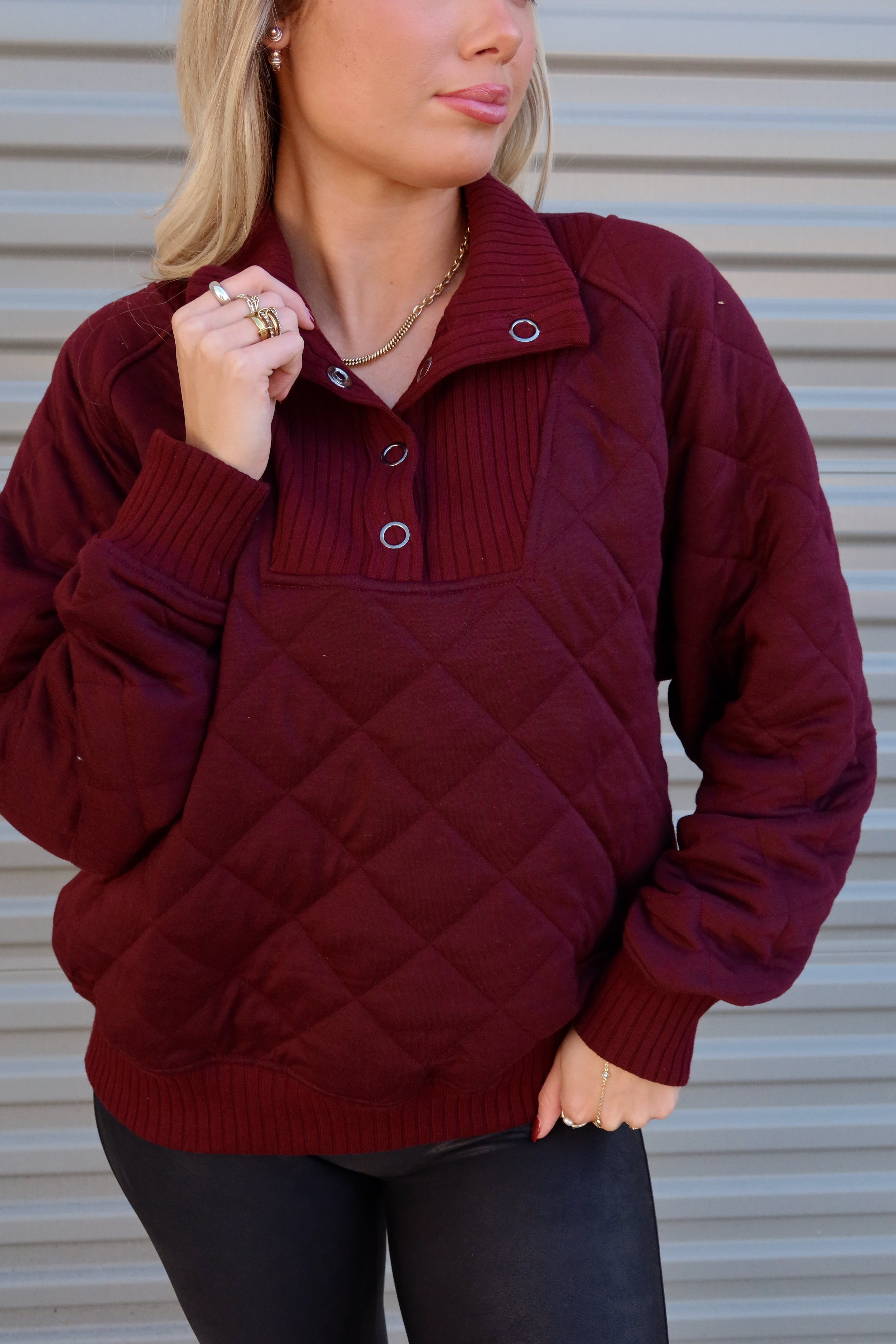 Lena Burgundy Quarter Button-Up Sweatshirt- close up top view