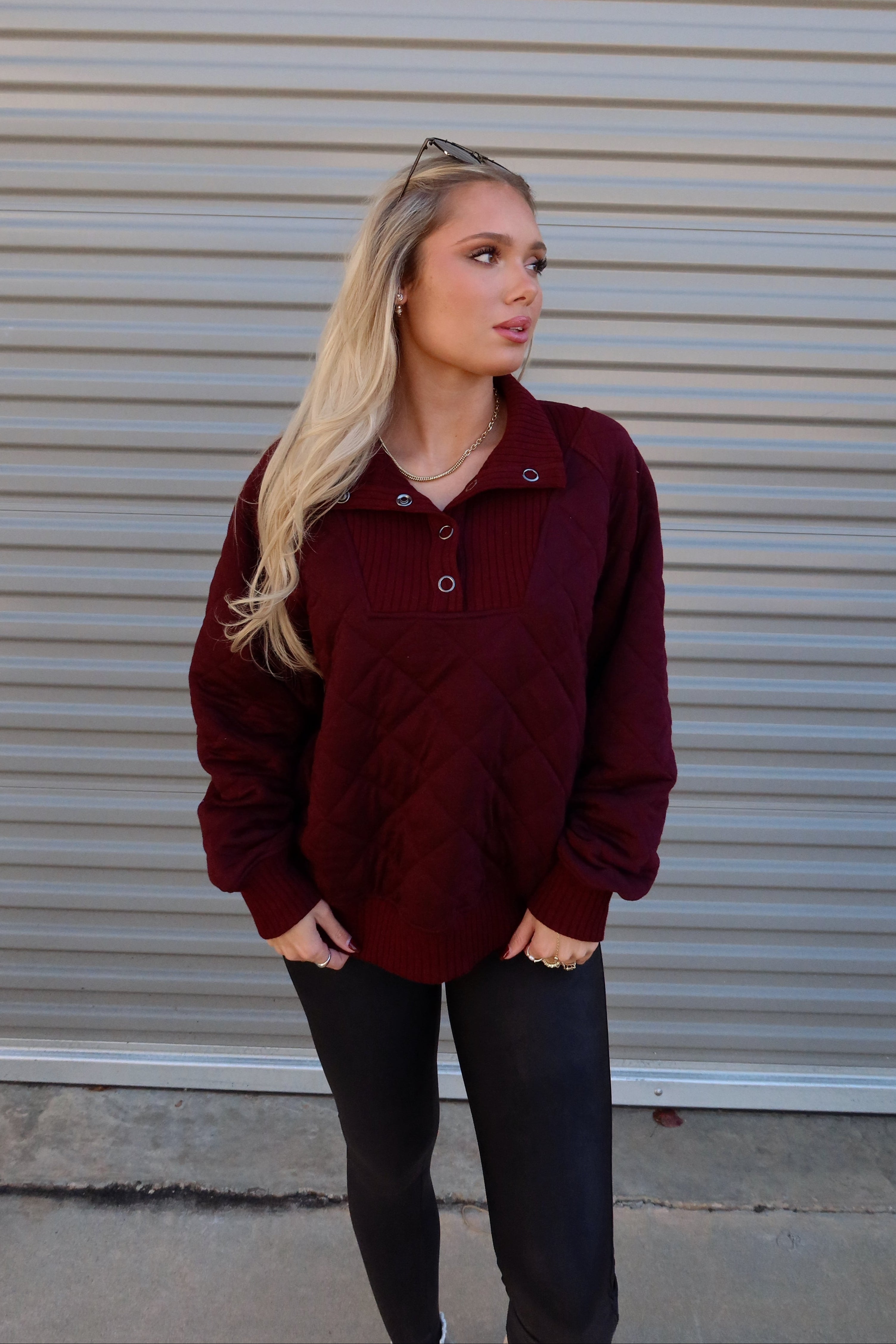 Lena Burgundy Quarter Button-Up Sweatshirt- front view
