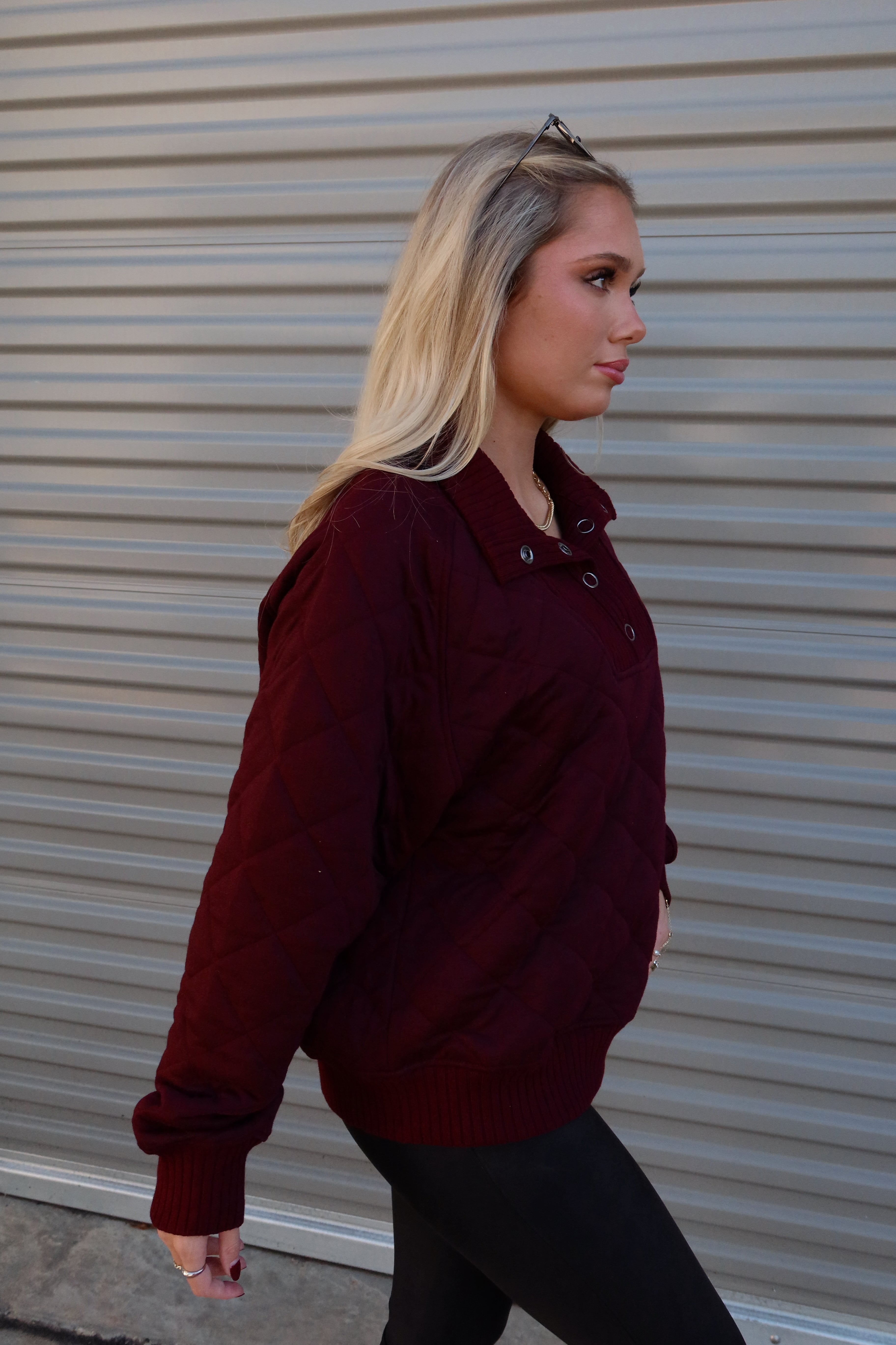 Lena Burgundy Quarter Button-Up Sweatshirt- frontal side view