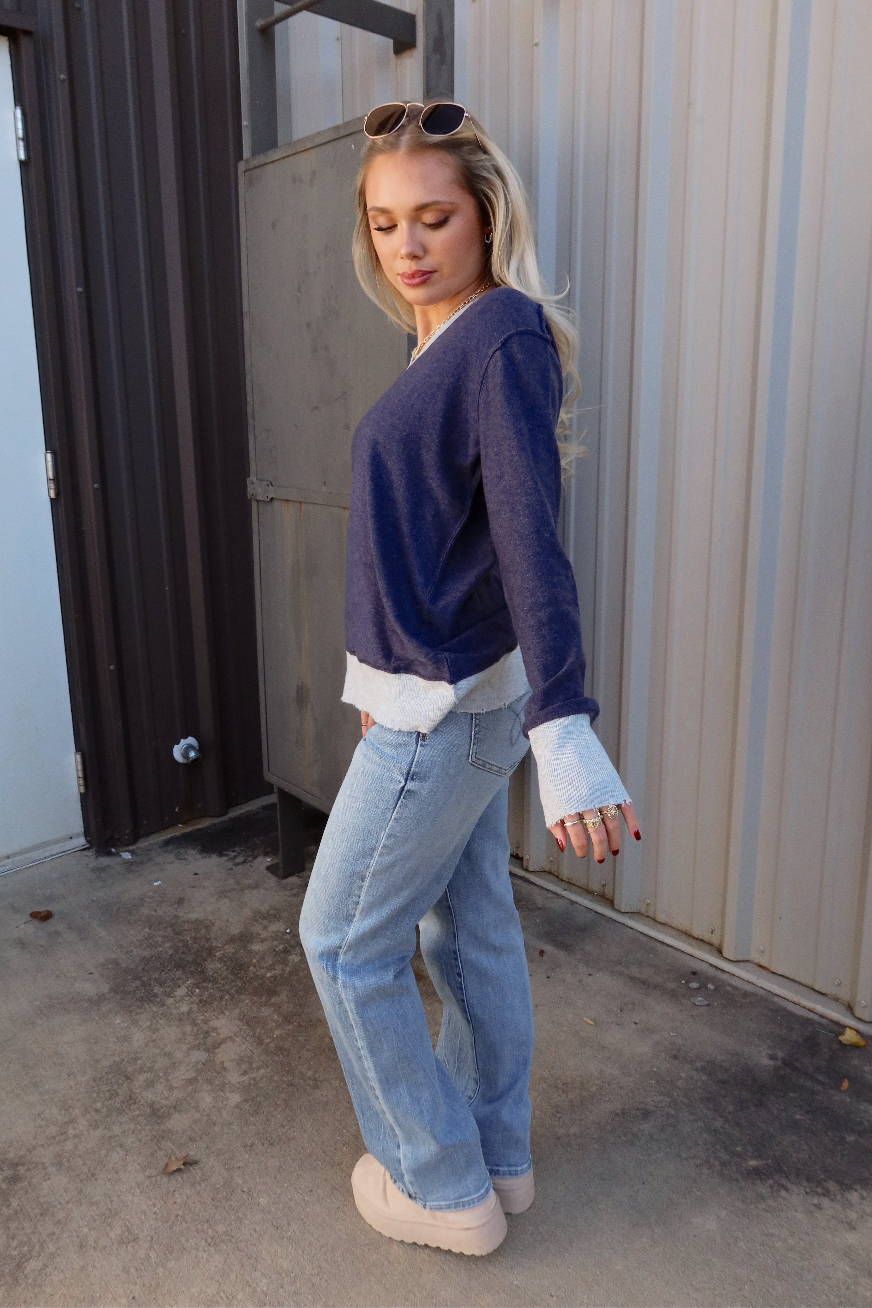 Layla Blue Knit Long Sleeve Sweater- full side view