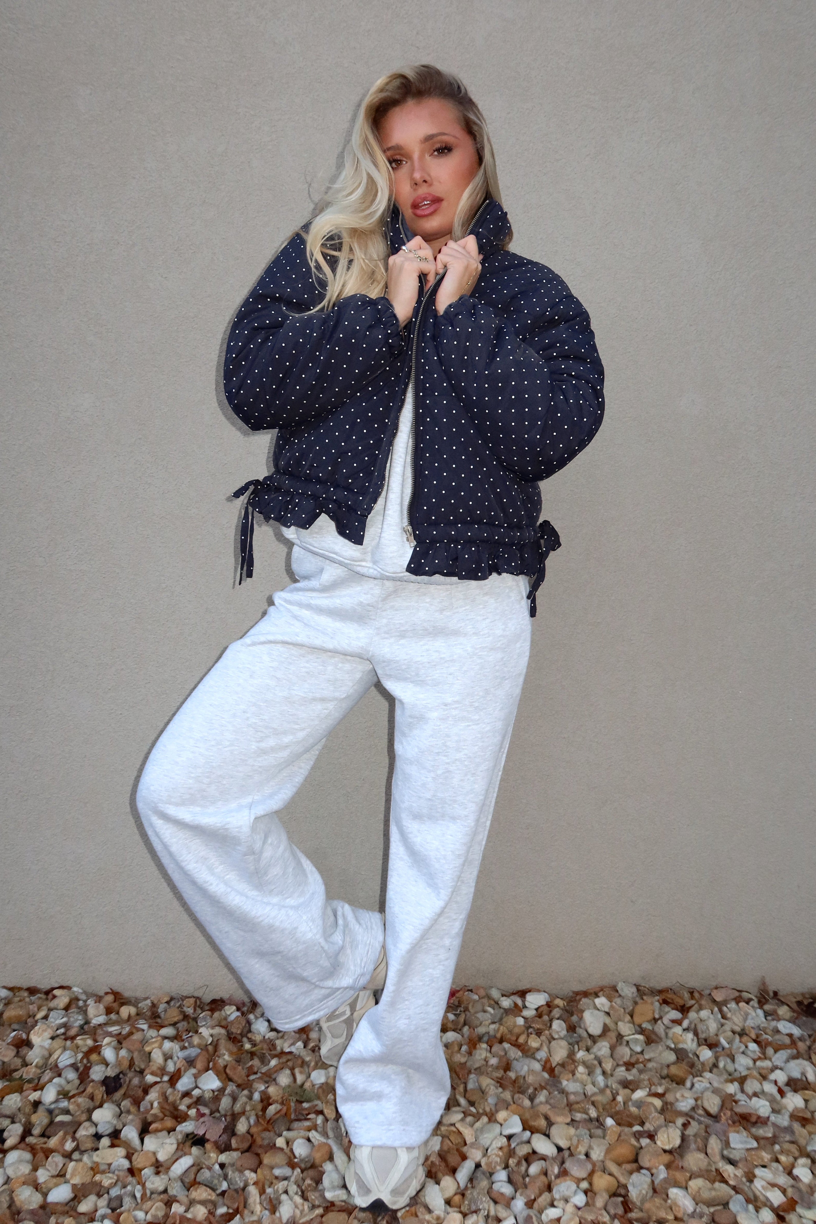 Pennie Navy Polka Dot Puffer Jacket - full body front view