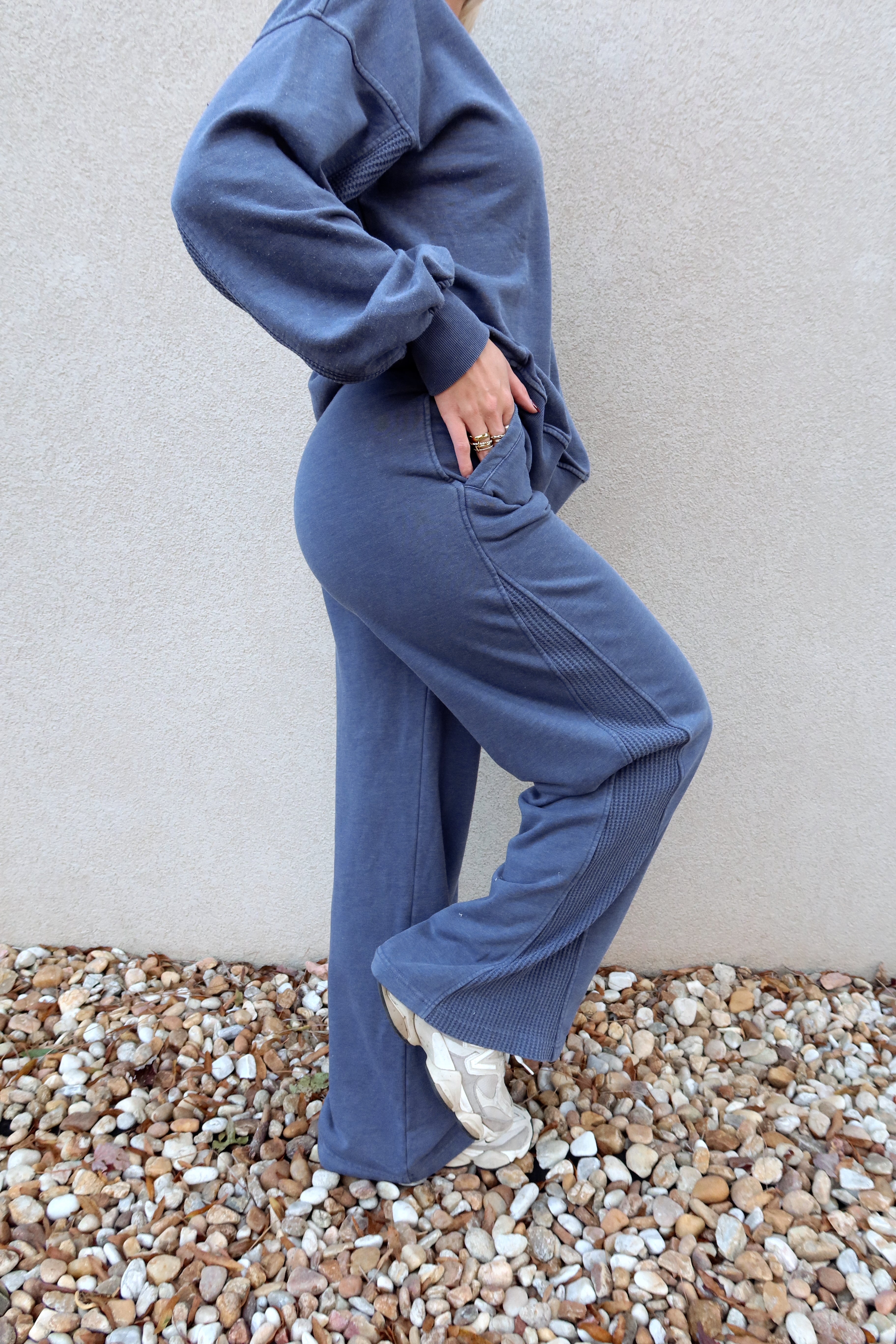 Ragan Navy Waffle Knit Pants - lower body side view