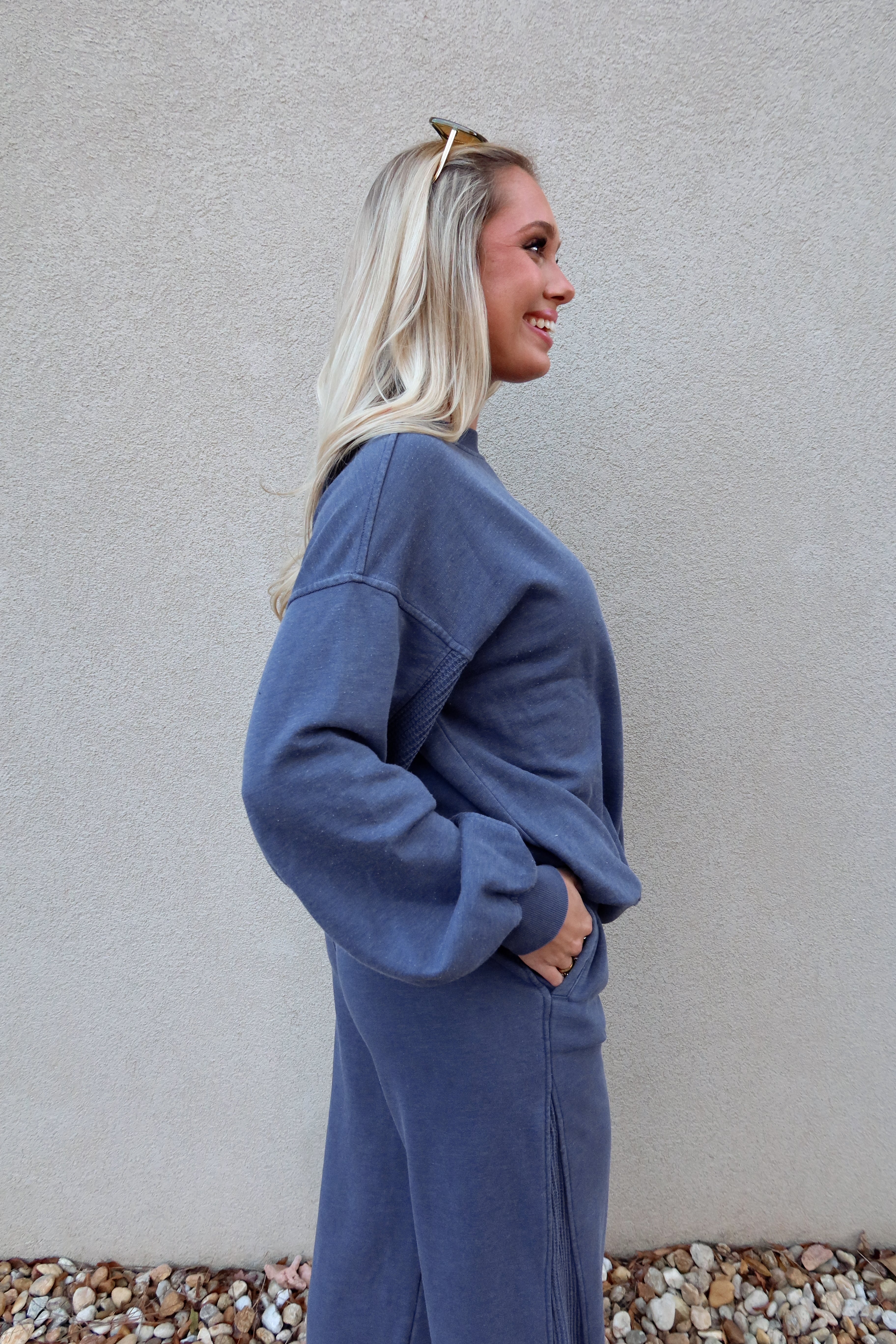 Ragan Navy Waffle Knit Pullover Sweatshirt - side view