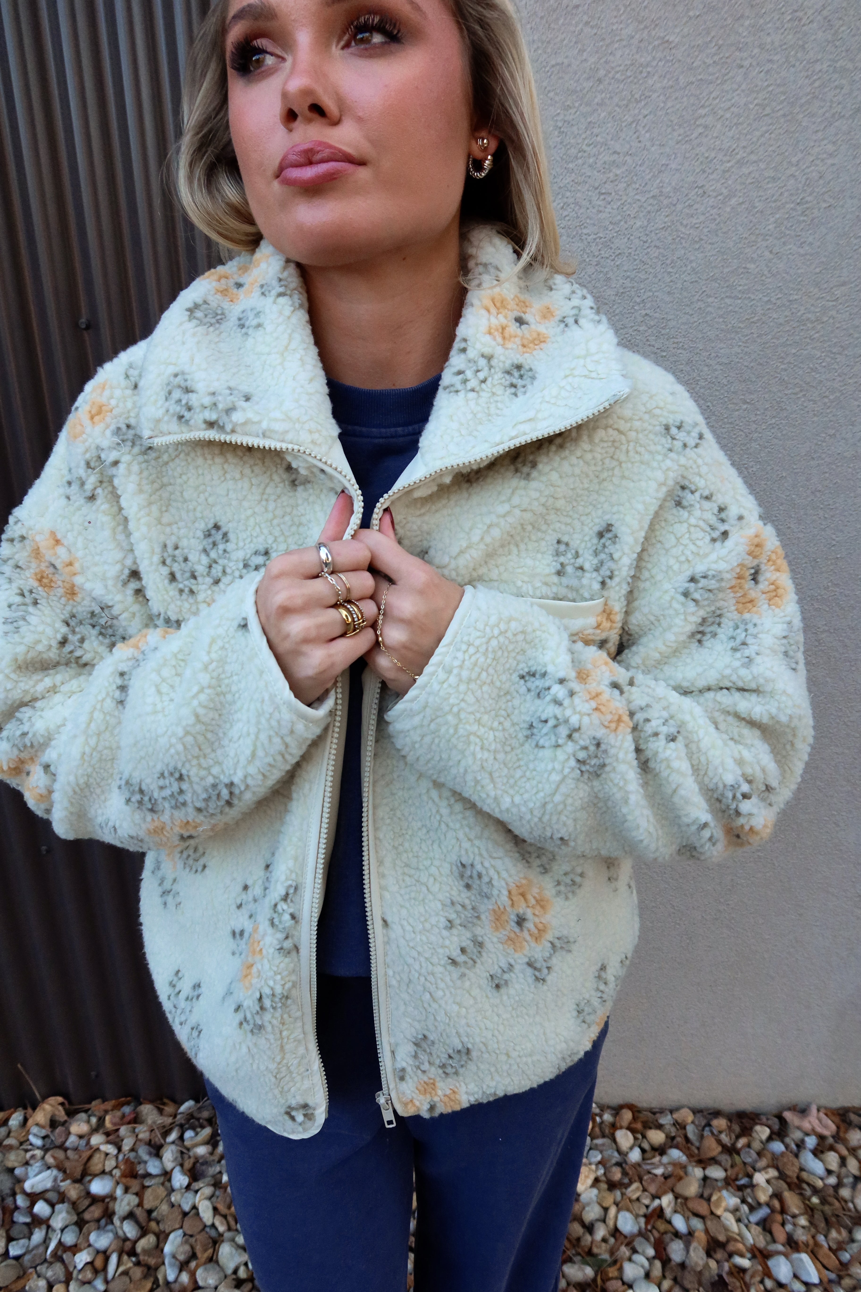 Esther Cream Multi Floral Sherpa Jacket - close up front view