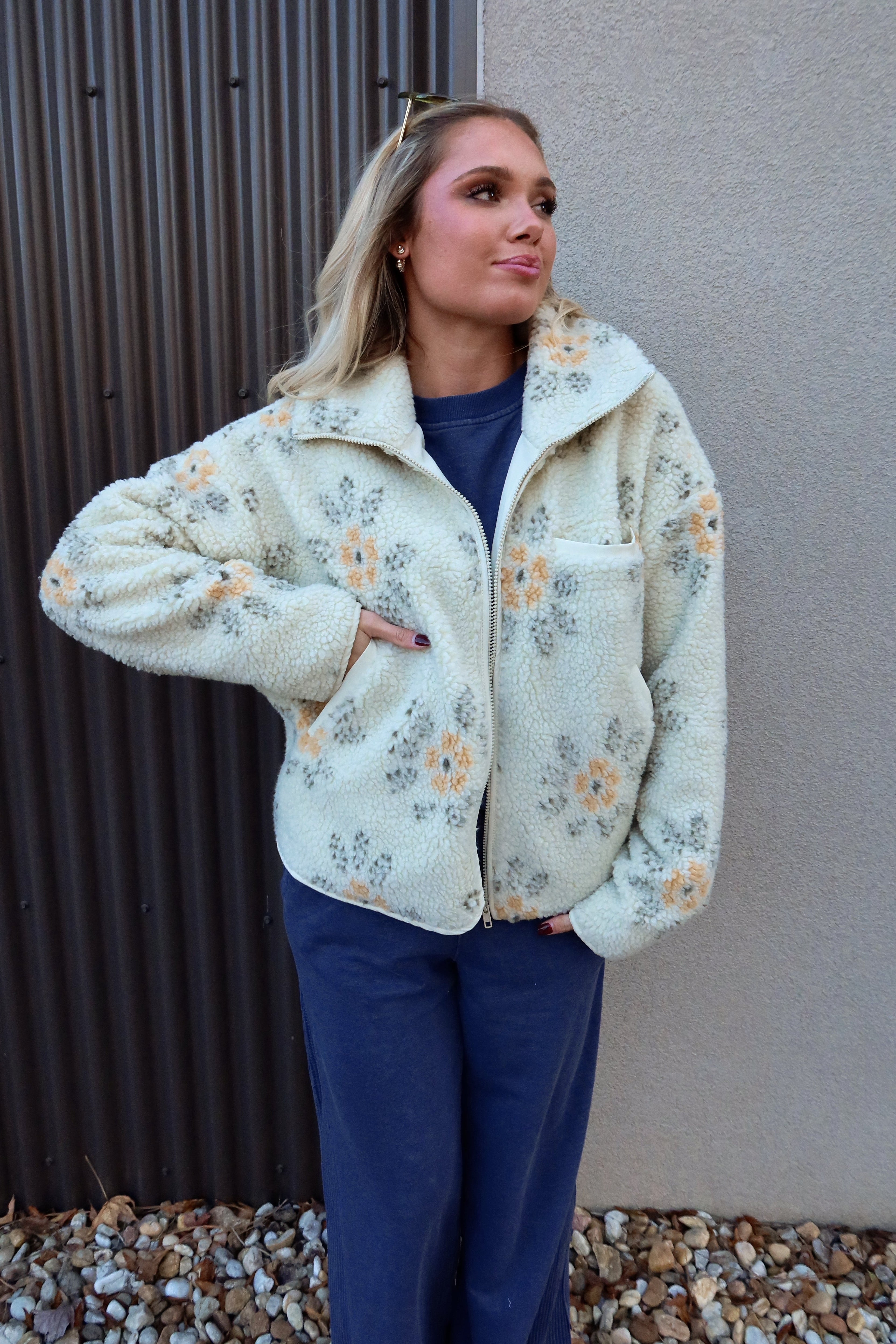Esther Cream Multi Floral Sherpa Jacket - front view