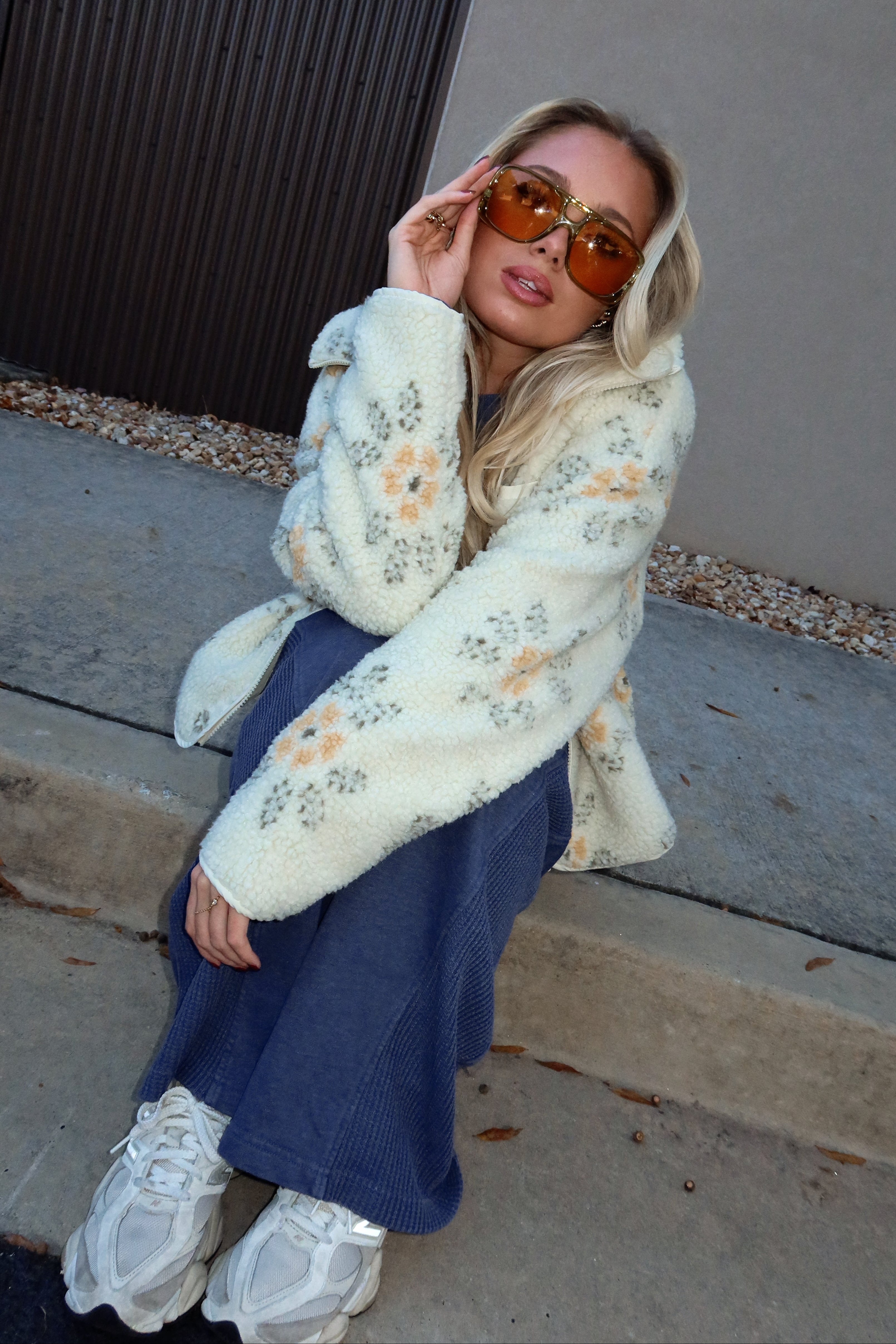 Esther Cream Multi Floral Sherpa Jacket - sitting view