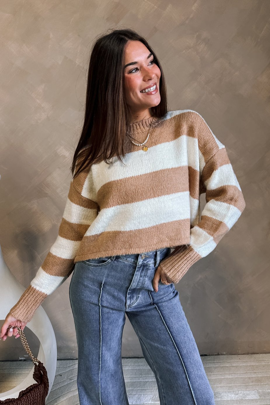 Julissa Camel & Ivory Stripe Sweater- close up front view