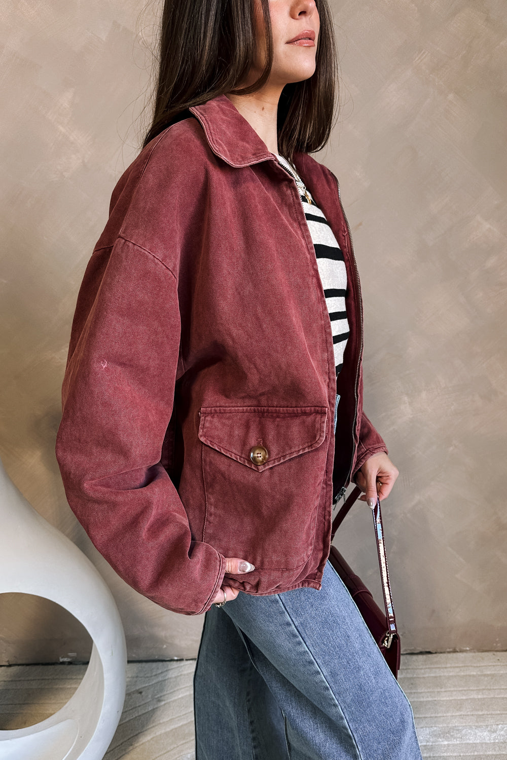 Jasmine Burgundy Long Sleeve Jacket- close up side view