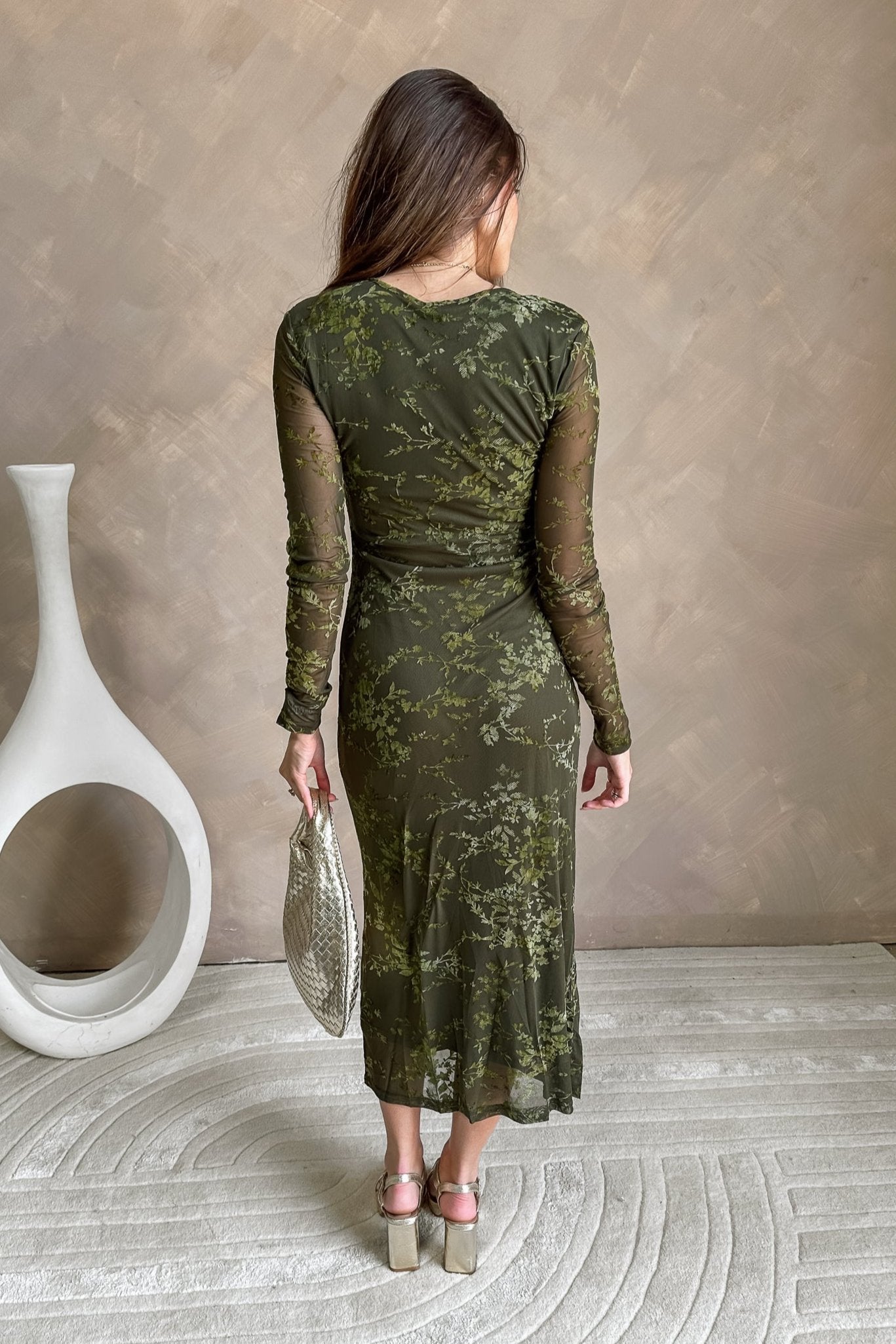 Emory Olive Velvet Floral Midi Dress- back view