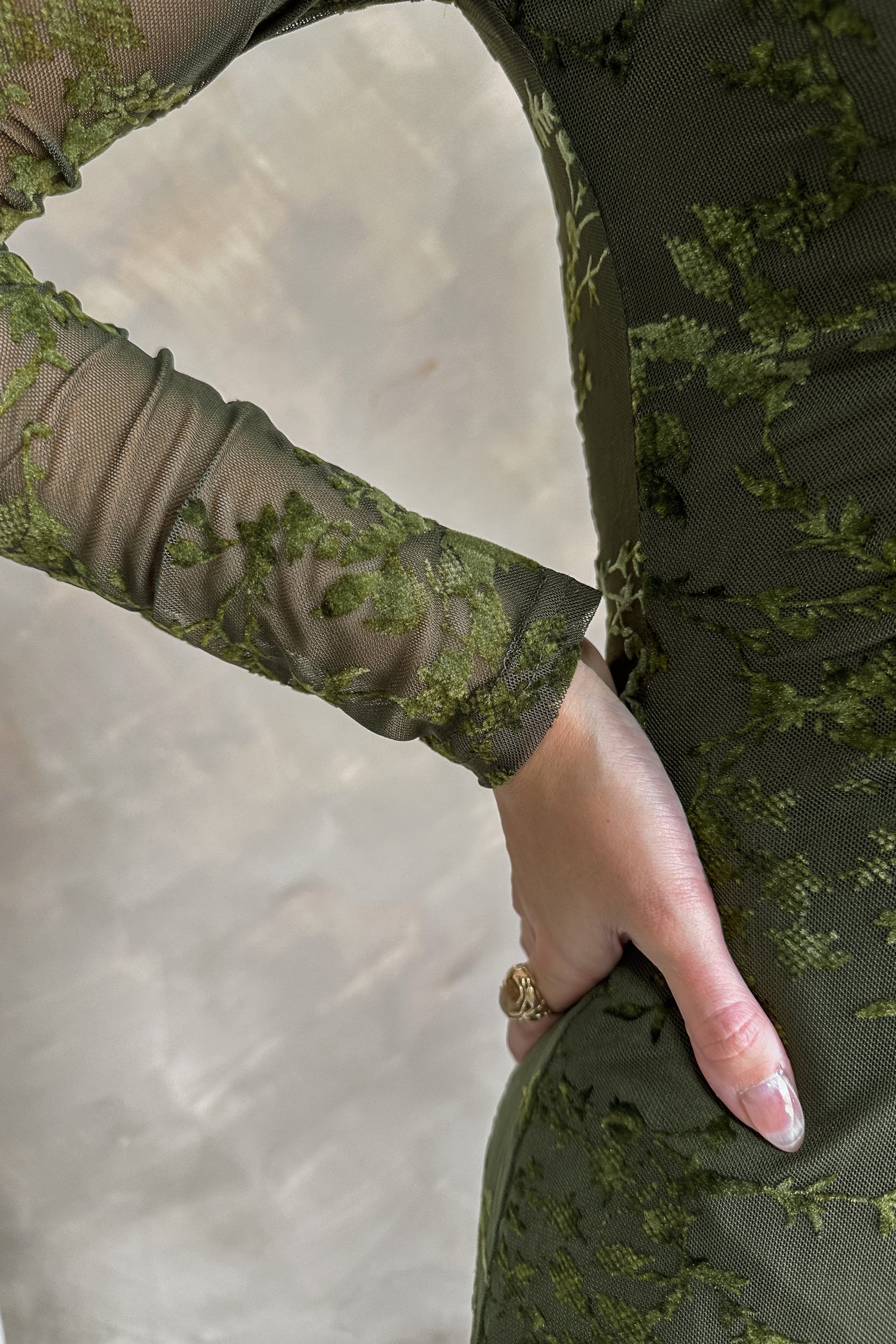 Emory Olive Velvet Floral Midi Dress- close up side view