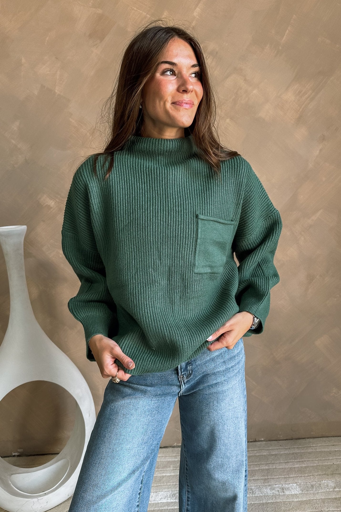 Angelica Slate Green Ribbed Knit Sweater- front view