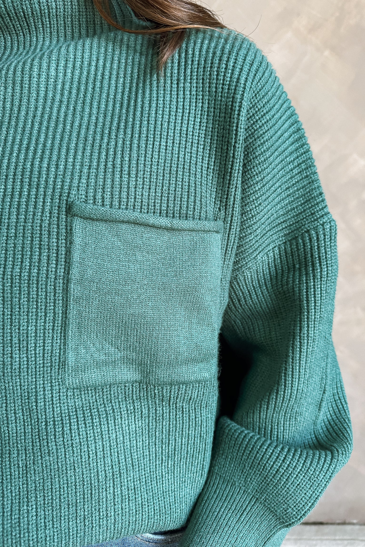 Angelica Slate Green Ribbed Knit Sweater- close up view