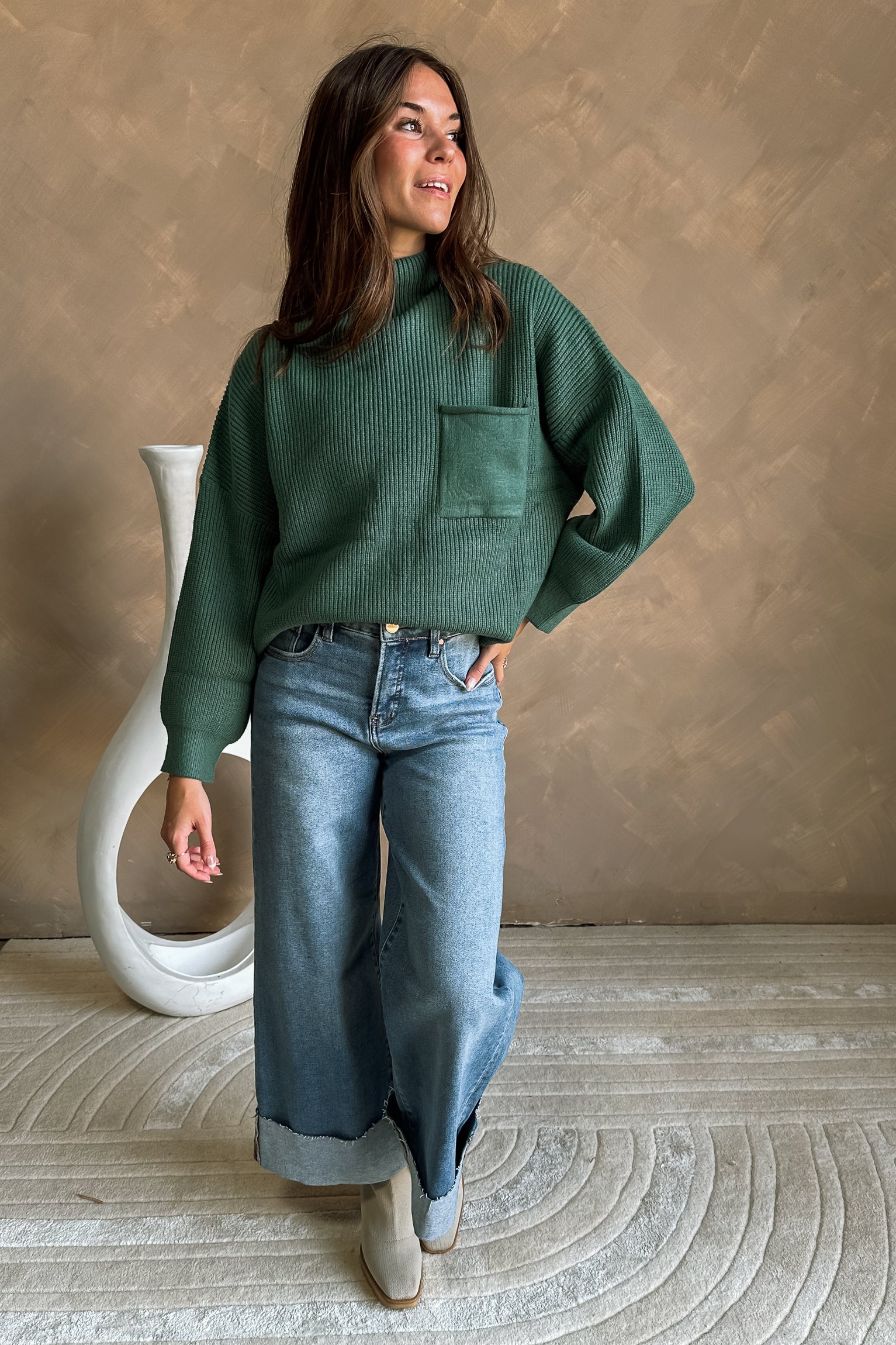 Angelica Slate Green Ribbed Knit Sweater- full body view