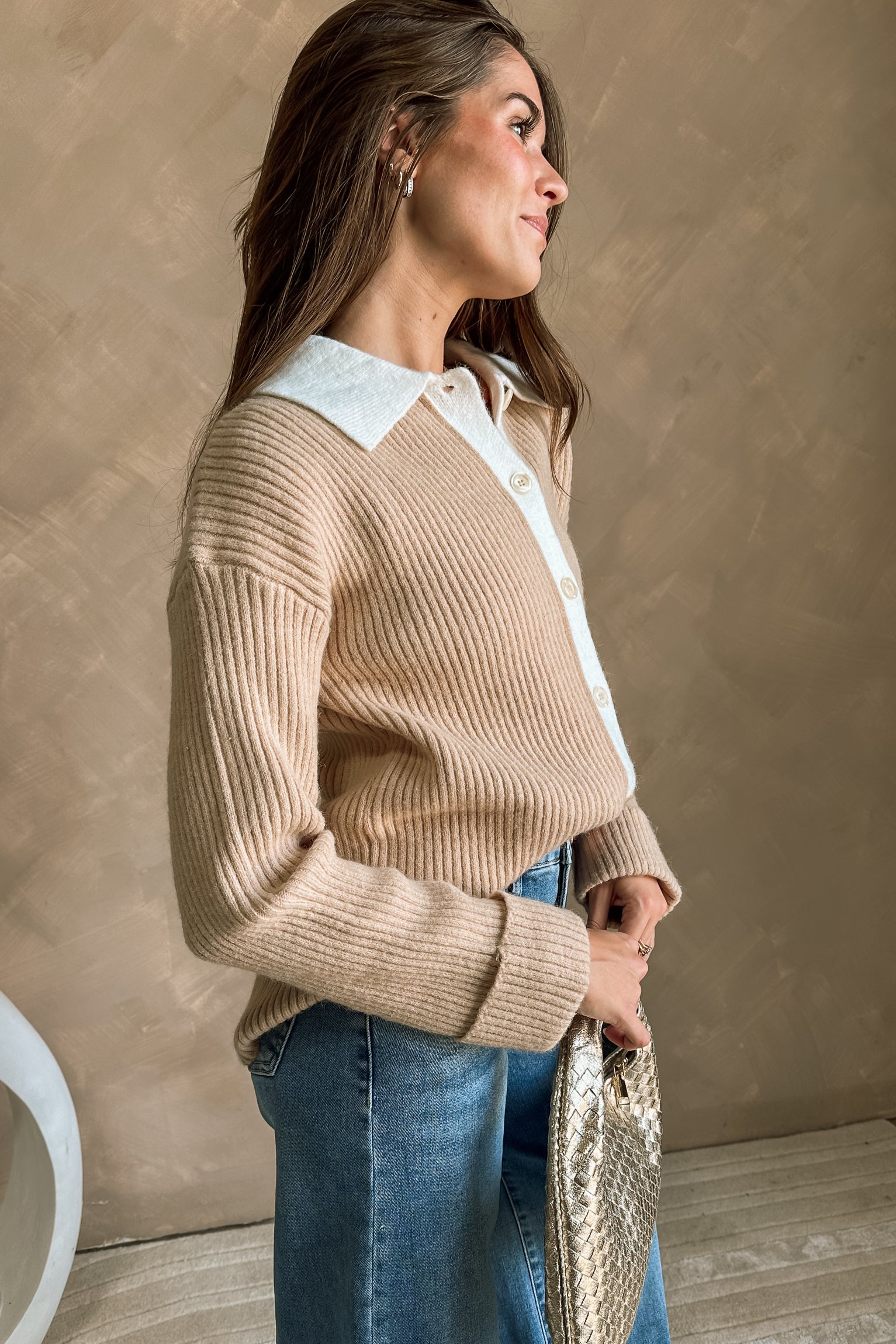 Stephanie Beige & White Ribbed Knit Cardigan- side view