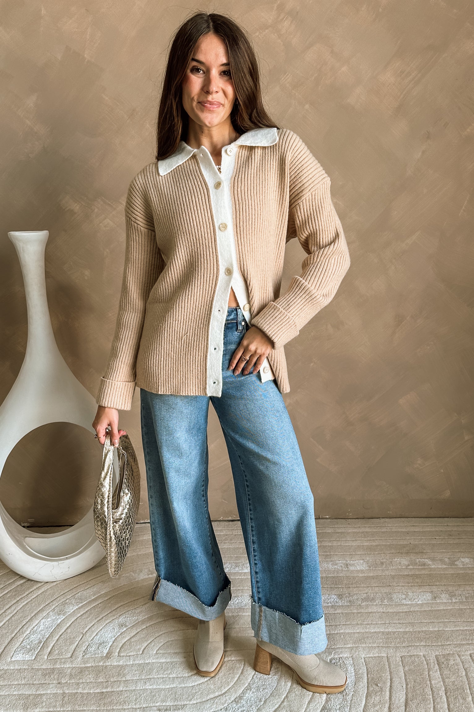 Stephanie Beige & White Ribbed Knit Cardigan- full body view