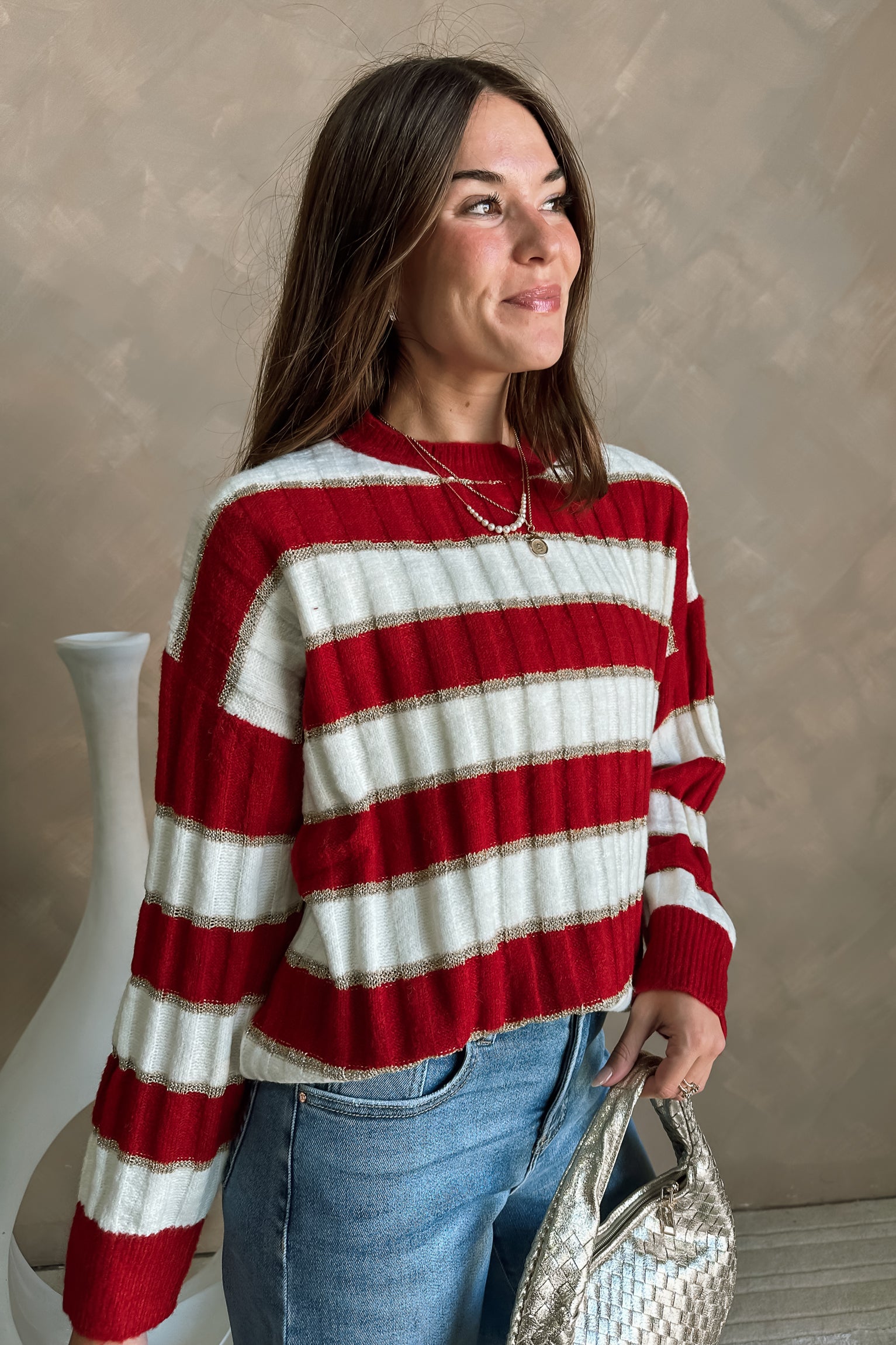 Delaney Red & Gold Striped Sweater-side front close up view