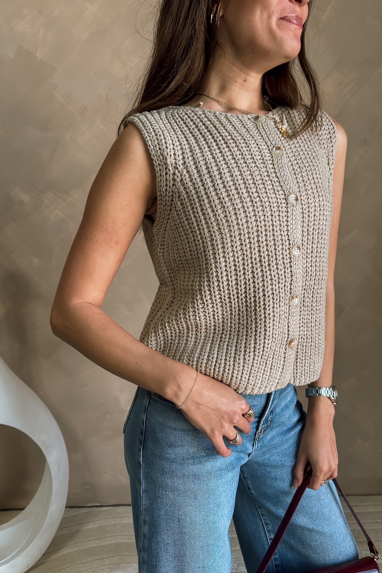 Hensley Taupe Cable Knit Vest-close up side view